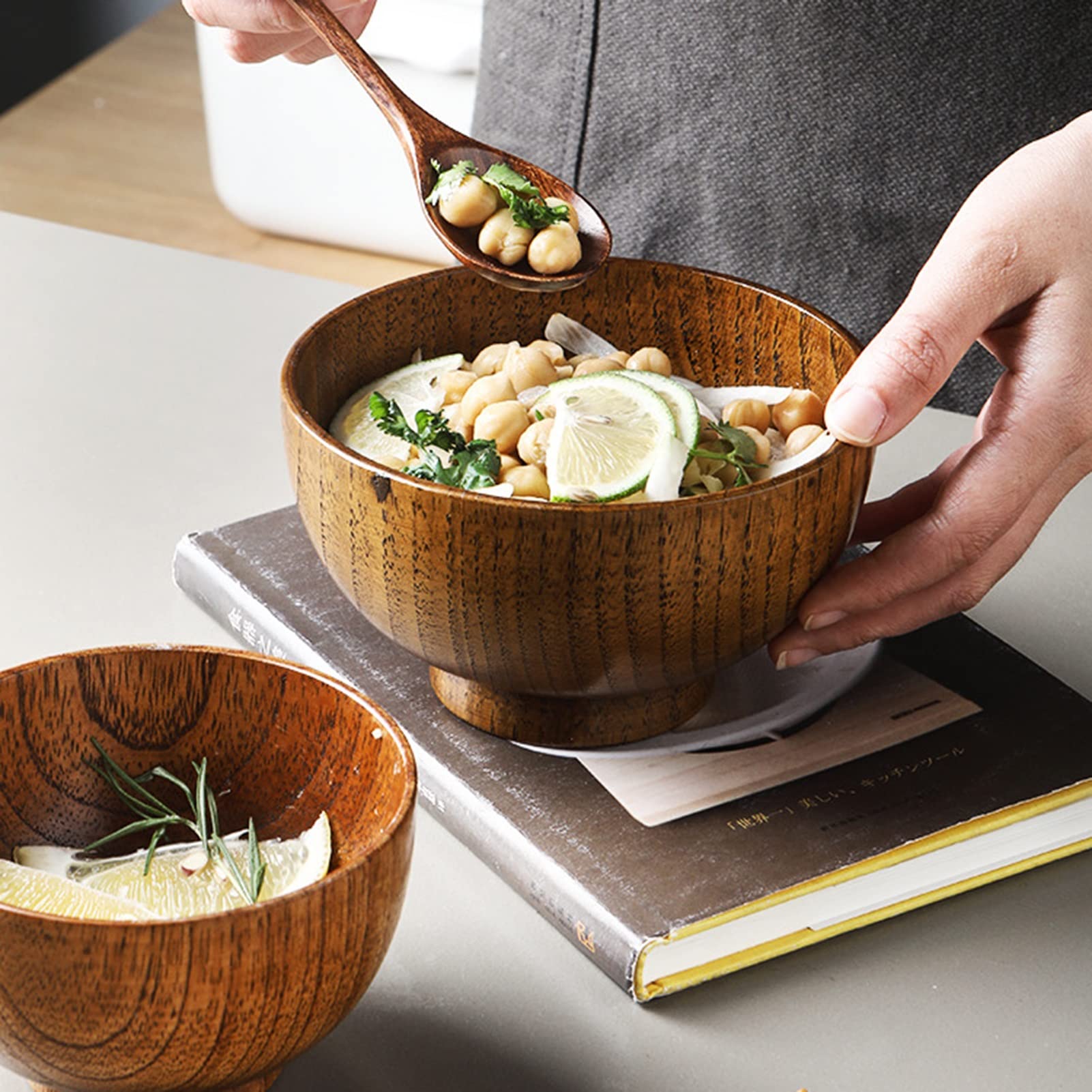 Japanese Wooden Ramen Bowl Set - Handmade for Soup, Salad & Noodles - 6pcs Kids Tableware for Home Dining