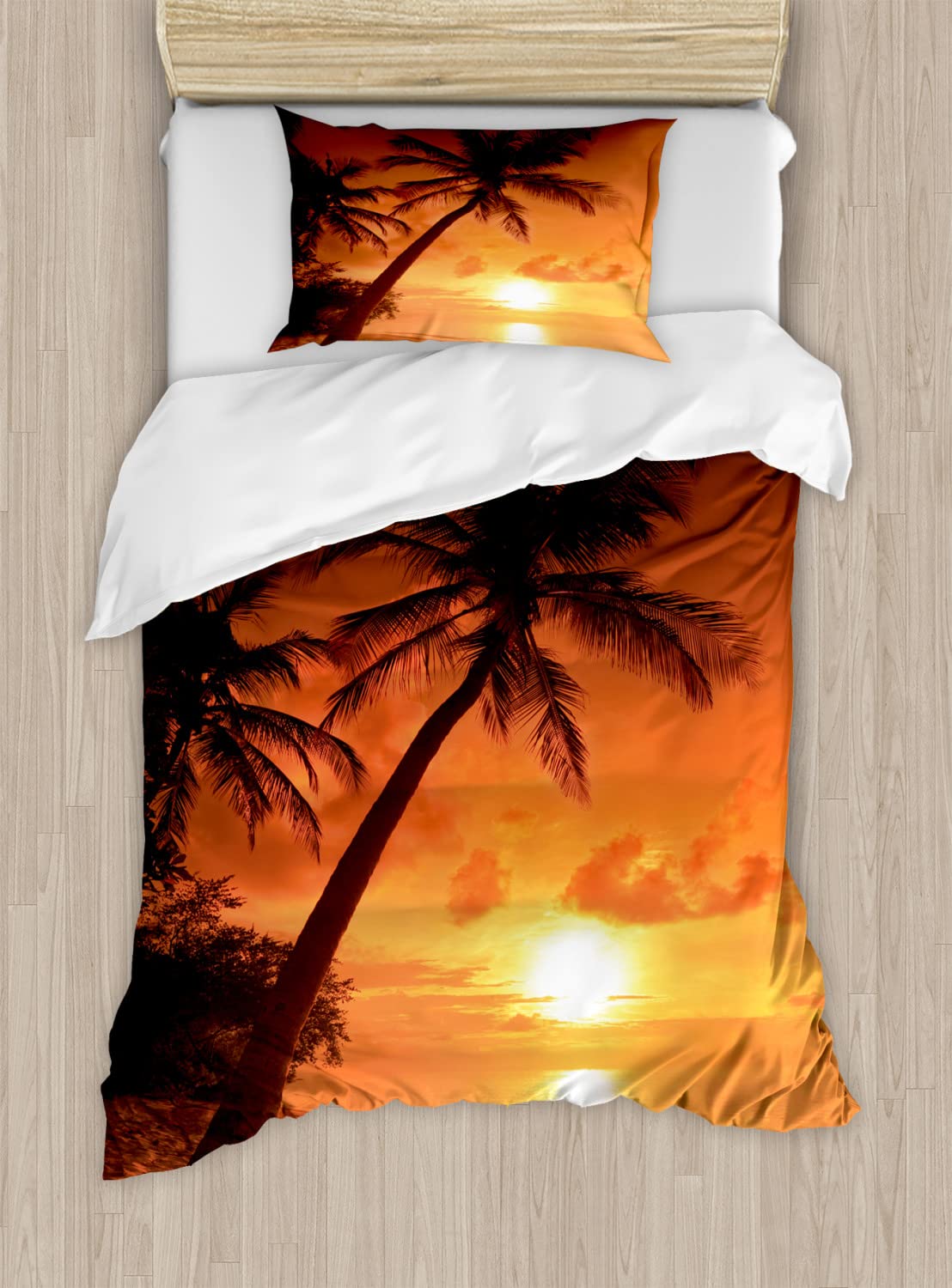 Ambesonne Tropical Duvet Cover Set - Twin Size 2-Piece Bedding with 2 Duvet Covers & 2 Pillowcases, Sunset Beach Coconut Palm Design in Coral Orange Brown - Perfect for Summer Bedroom Decor, Coastal Theme Guest Rooms, and Vacation Home Styling