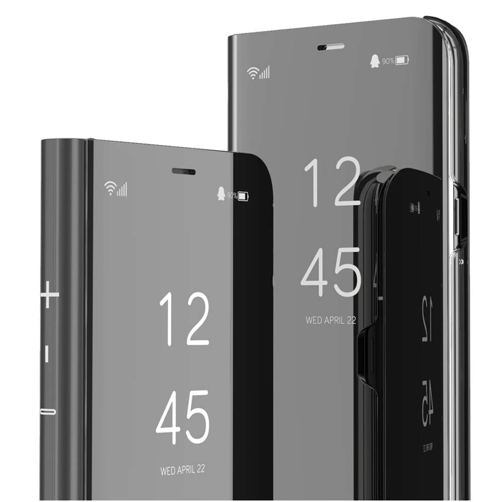 Samsung Galaxy A10S Case with Clear View Flip Cover, Mirror & Glitter Design - Slim Shockproof 360° Full Body Protection for Samsung A10S (Mirror Black) - Perfect for Makeup Touch-ups & Everyday Use