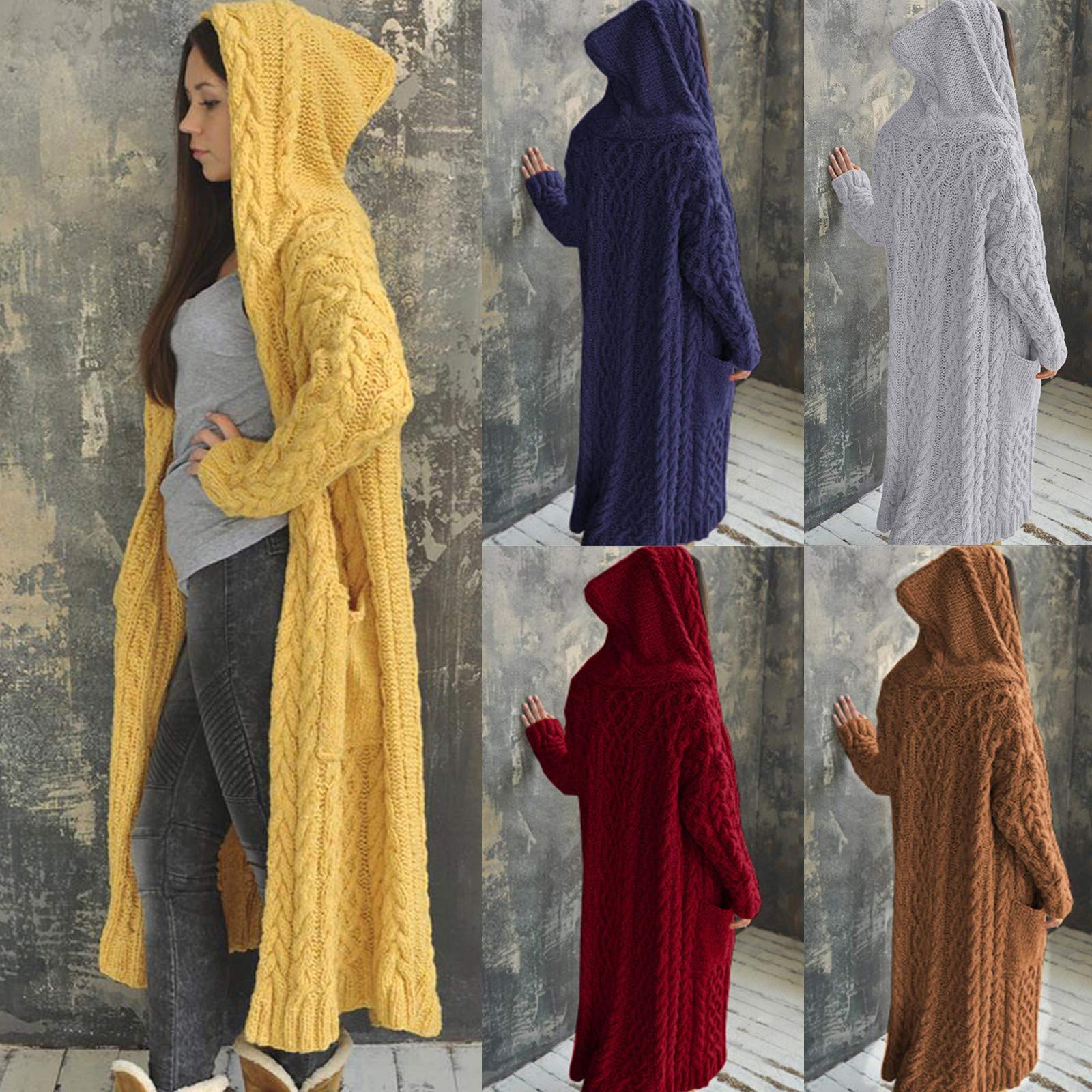 TIMIFIS Women's Plus Size Hooded Cardigan Sweater with Pockets - Long Knitted Jacket with Buttons, Warm Winter Coat for Casual Outfits, Office Wear & Outdoor Activities