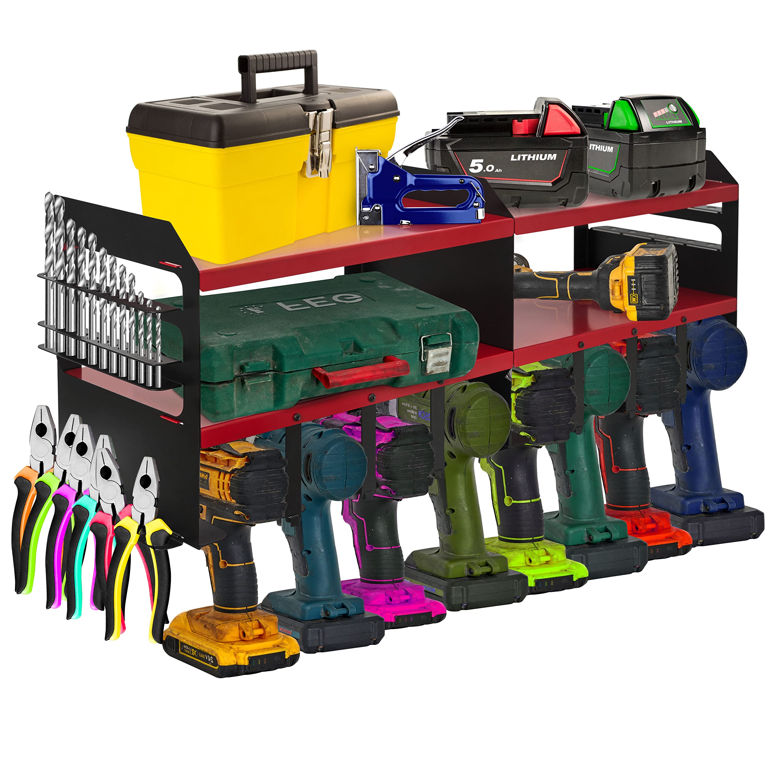 **8-Slot Cordless Drill Charging Station & Power Tool Organizer - Wall Mount Shelf with Screwdriver & Pliers Holder - Garage & Workshop Storage Solution for DIY & Professional Use**