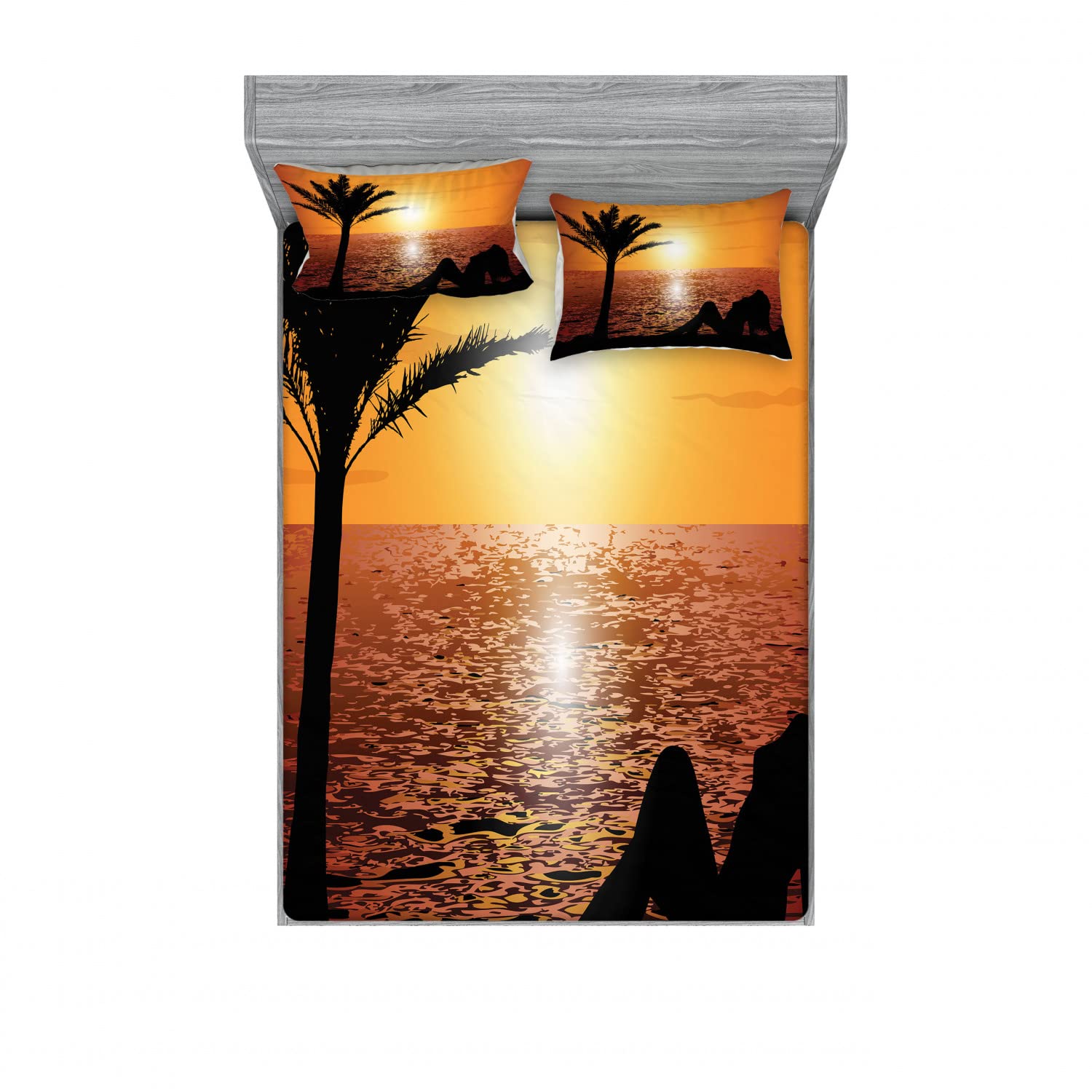 Ambesonne Retro 2-Pack Queen Size Fitted Sheet & Pillow Sham Set - Tropical Beach Sunset Design, Orange & Black 4-Piece Bedding Decor (2 Fitted Sheets + 4 Pillow Covers) for Coastal Themed Bedroom, Guest Room or Vacation Home Decor