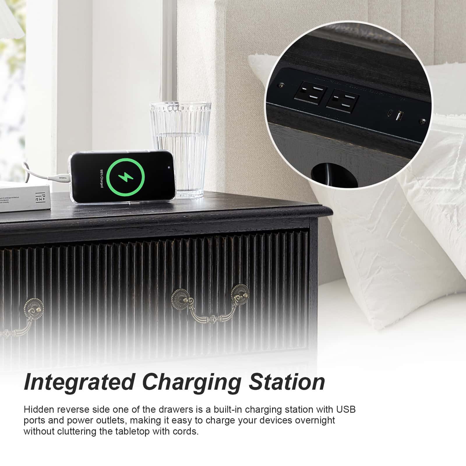Rustic 3-Drawer Nightstand with USB Charging Station - Solid Wood Bedside Table for Bedroom, Living Room & Guest Room | Galatea Optional Types