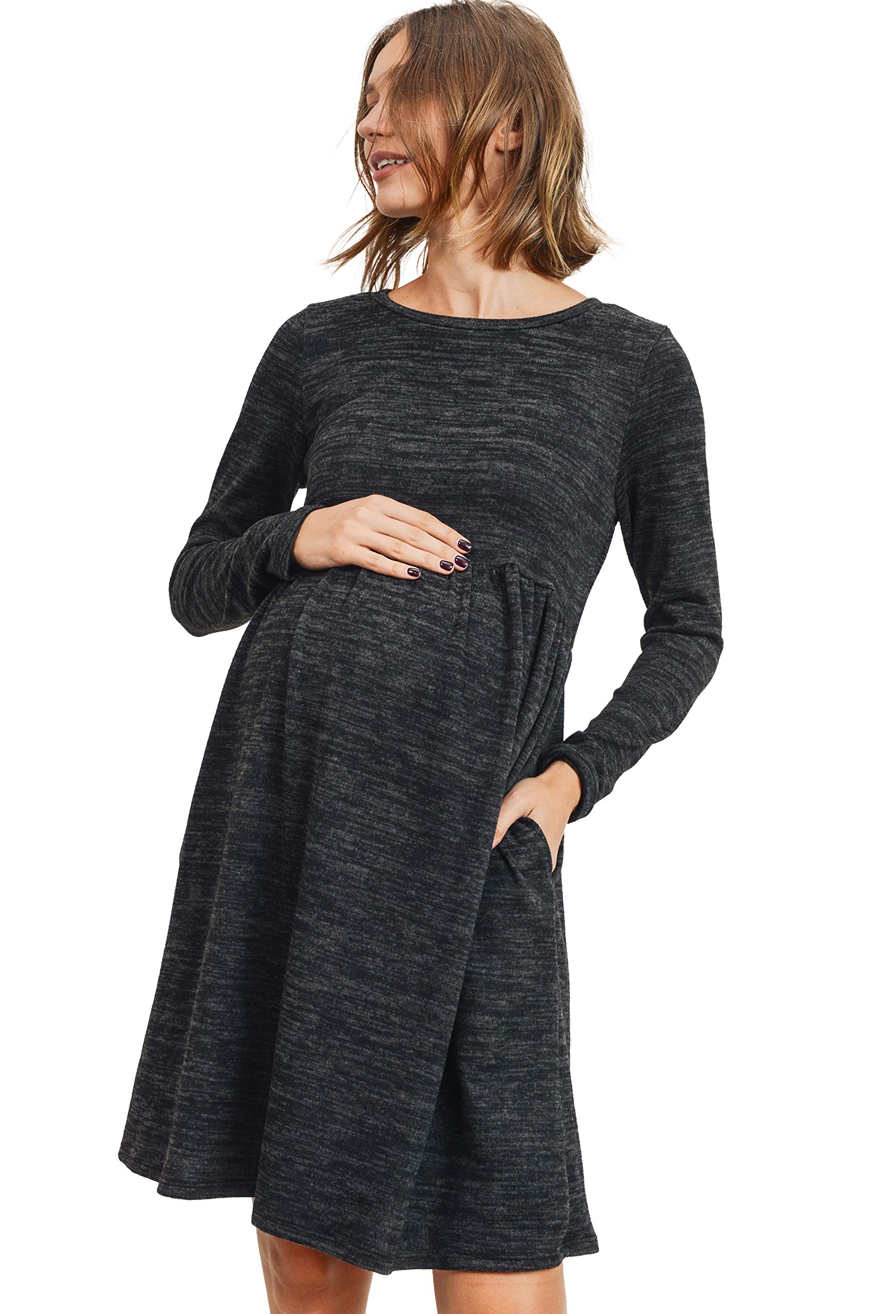 HELLO MIZ Women's Maternity Sweater Knit Dress with Pocket - Soft Stretchy Pregnancy Dress for Casual Wear, Nursing & Maternity Photos