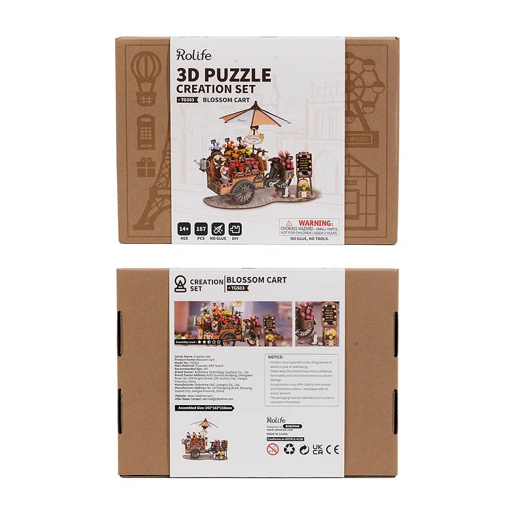 Rolife Blossom Cart 3D Wooden Puzzle Kit - DIY Flower Cart Model for Adults & Teens - Creative Home Decor & Gift Idea for Birthday, Christmas - Relaxing Craft Project for Stress Relief & Mindfulness