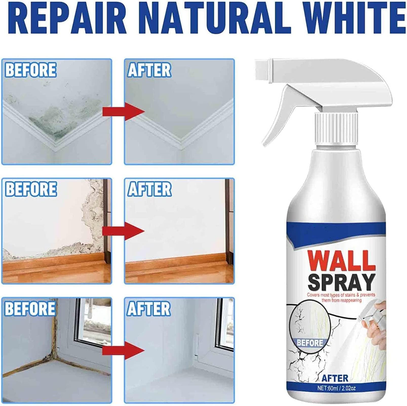 60ml Wall Repair Spray Paint - Water-Based White Peel & Stain Cover for Ceiling & Walls - Quick Fix for Cracks, Scratches & Stains - Perfect for Home, Office & DIY Projects