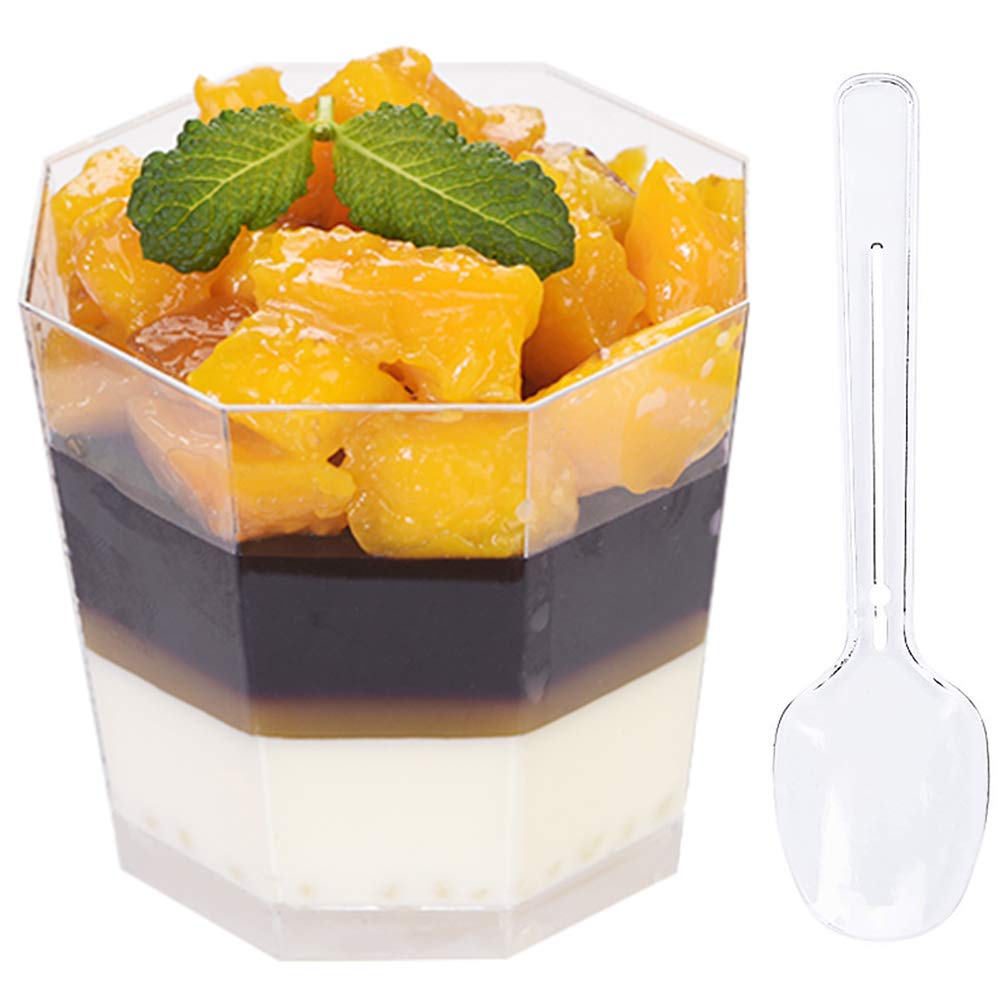Foraineam 100 Pack 5.4 oz Clear Plastic Dessert Cups with 100 Spoons - Disposable Appetizer Serving Bowls for Parties, Weddings, Catering, Picnics & Events - Perfect for Ice Cream, Pudding, Fruit Salads & Snacks