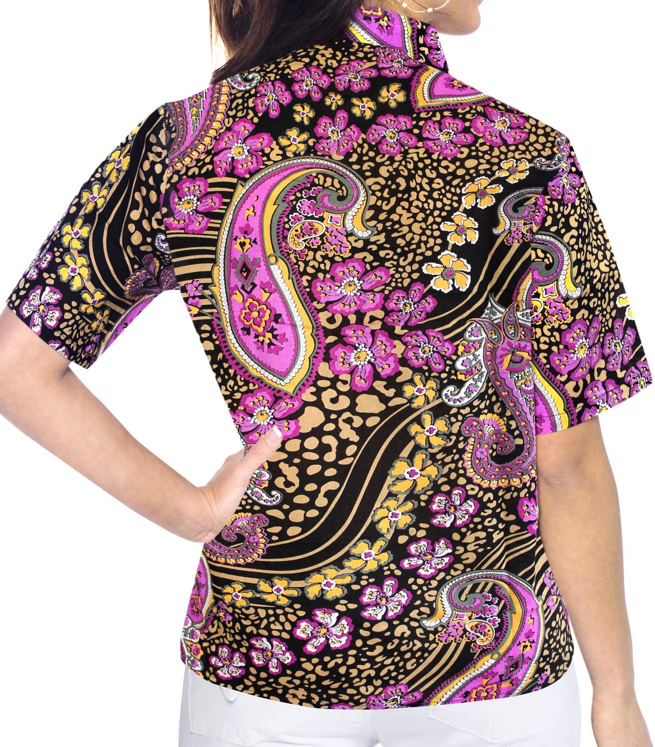 LA LEELA Women's Hawaiian Shirt - Floral Print Short Sleeve Beach Blouse for Summer Vacation, Pool Party & Tropical Getaway
