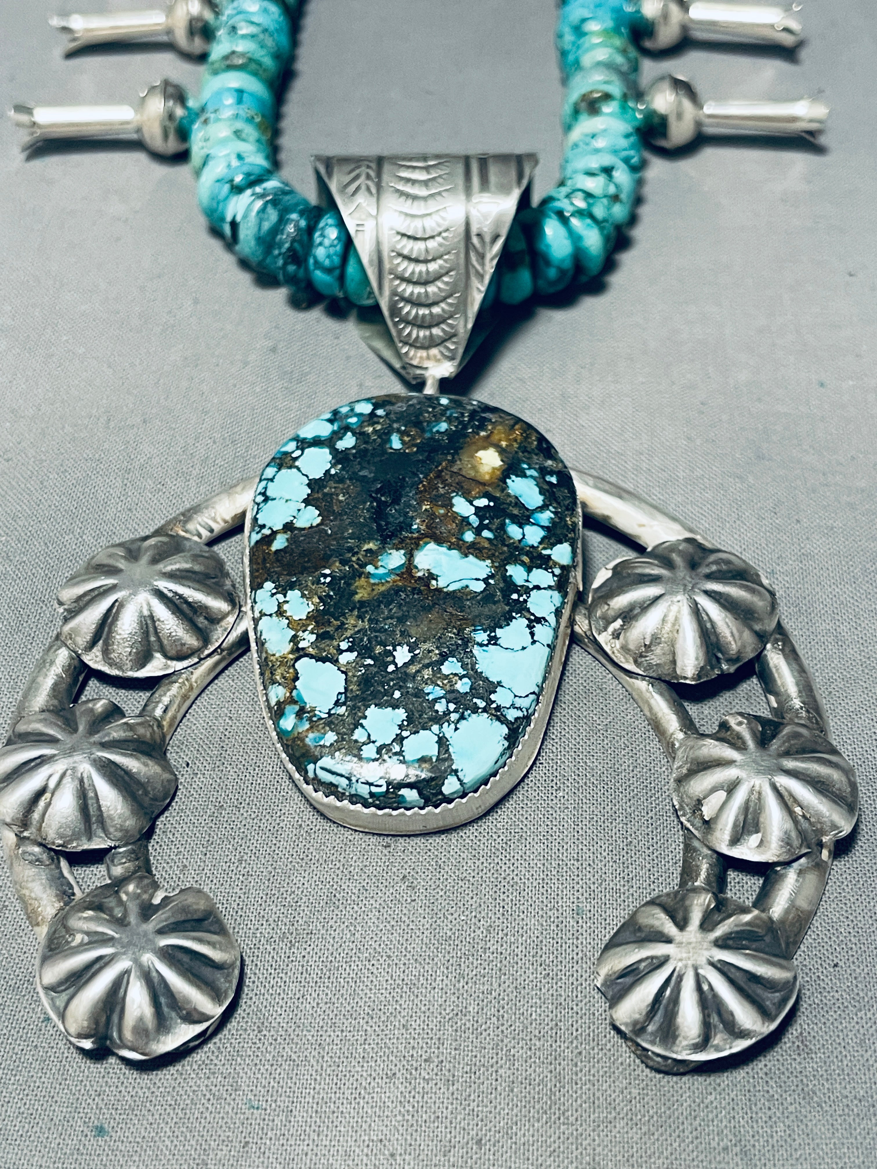 Authentic Navajo Spiderweb Turquoise Squash Blossom Necklace - 170g Sterling Silver Handmade Jewelry for Women - Perfect for Boho Fashion, Wedding Gifts & Special Occasions