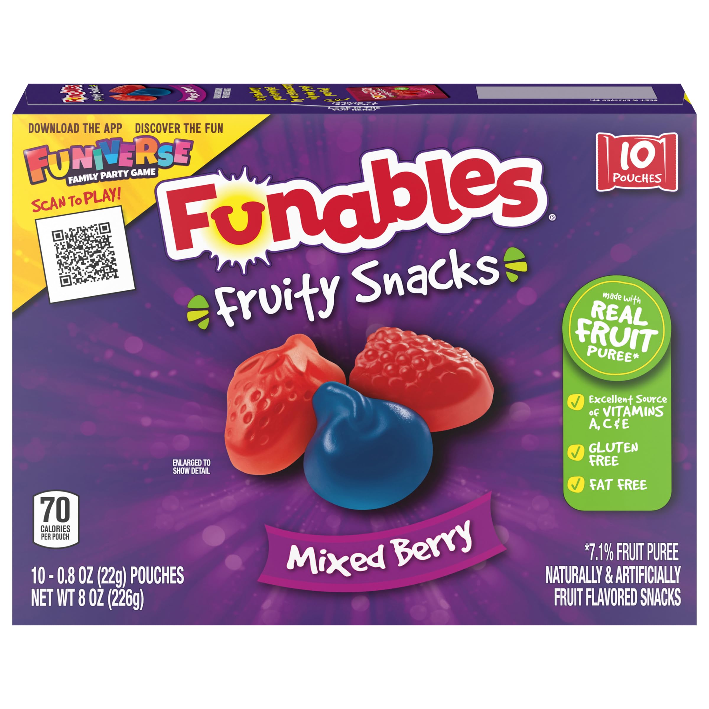 Funables Mixed Berry Fruit Snacks - 0.8oz Pouches (Pack of 10) | Gluten Free Kids Snacks for Lunch Boxes, School, Travel & On-the-Go Healthy Treats