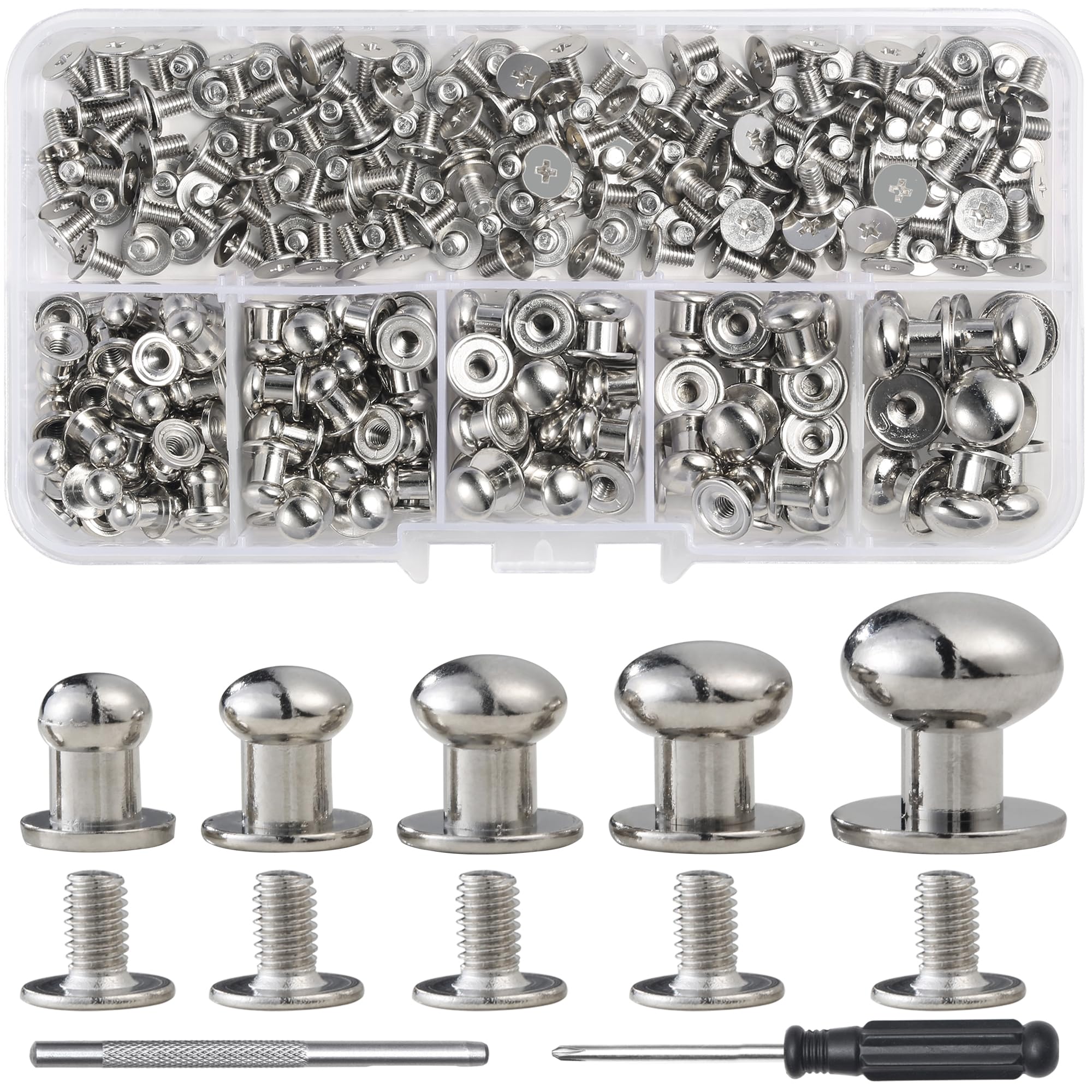 YORANYO 120 Sets Round Head Button Studs - Assorted Sizes Silver Leather Rivets & Chicago Screws for Clothing, Shoes, Belts, Bags & Dog Collars | DIY Repair & Decoration Accessories for Leather Crafts