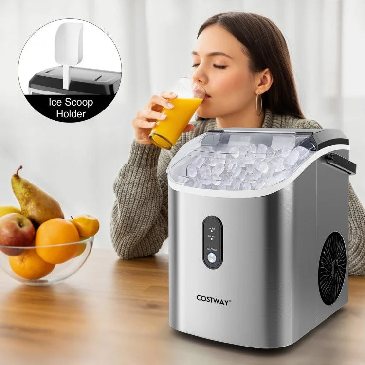 Nugget Countertop Ice Maker - Portable Pellet Ice Machine with Soft Chewable Ice, Silver - Perfect for Home Bars, Offices, and Outdoor Parties