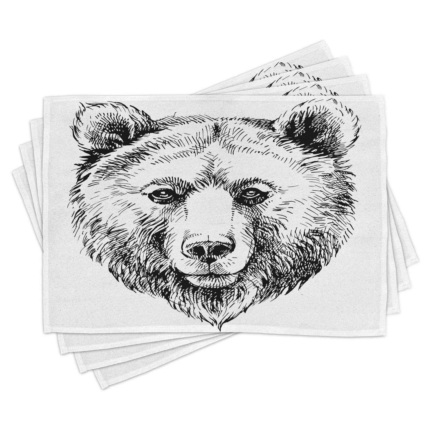 Ambesonne 4-Pack Animal Placemats - Hand Drawn Grizzly Bear Wildlife Artwork, Nature Themed Washable Fabric Placemats for Dining Table & Kitchen Decor (Black & White) | Perfect for Dinner Parties, Holiday Gatherings & Everyday Meals