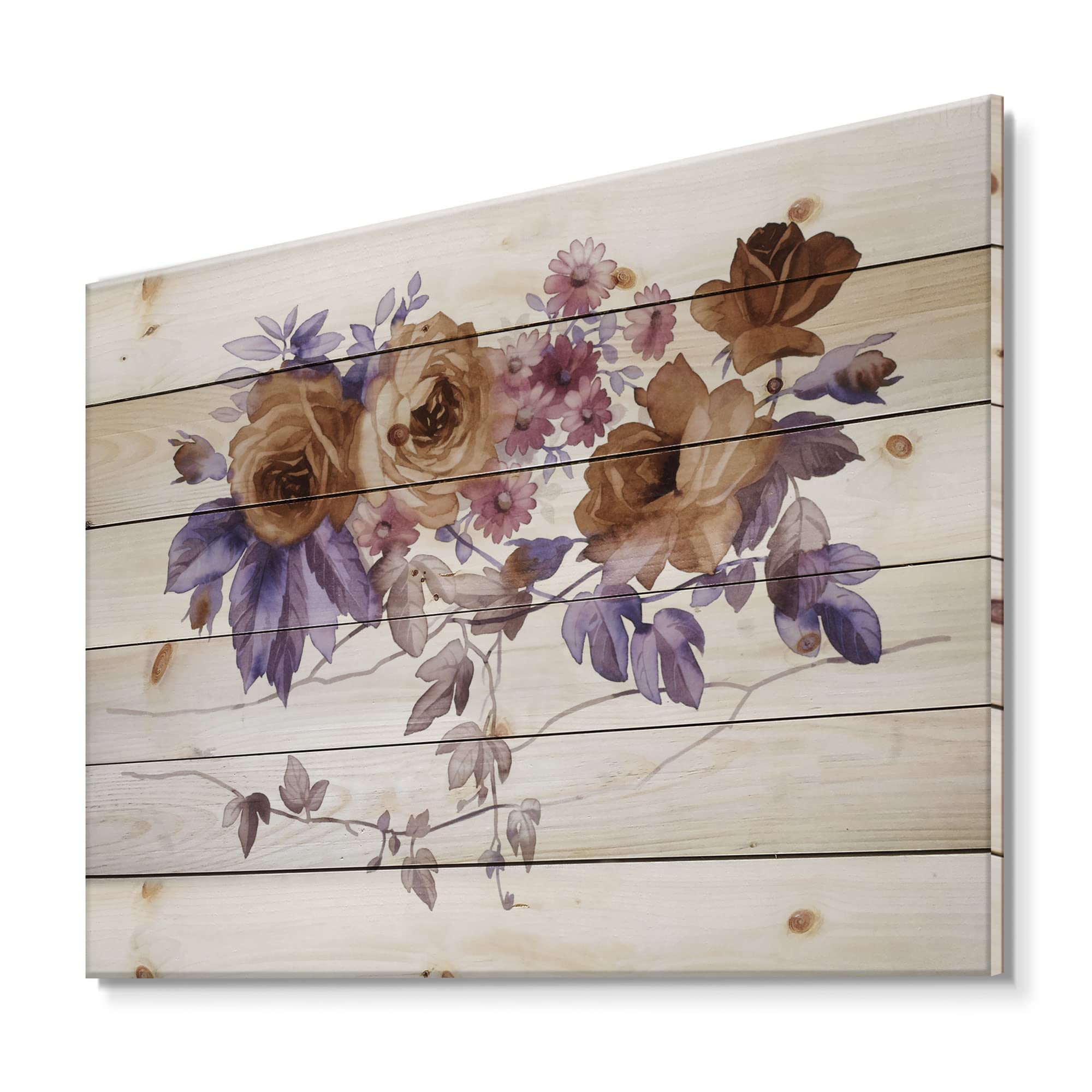 DesignQ Purple Wildflowers Traditional Wood Wall Decor - Large Floral Wall Art Panel Printed on Natural Pine Wood - Perfect for Living Room, Bedroom & Home Office Decoration