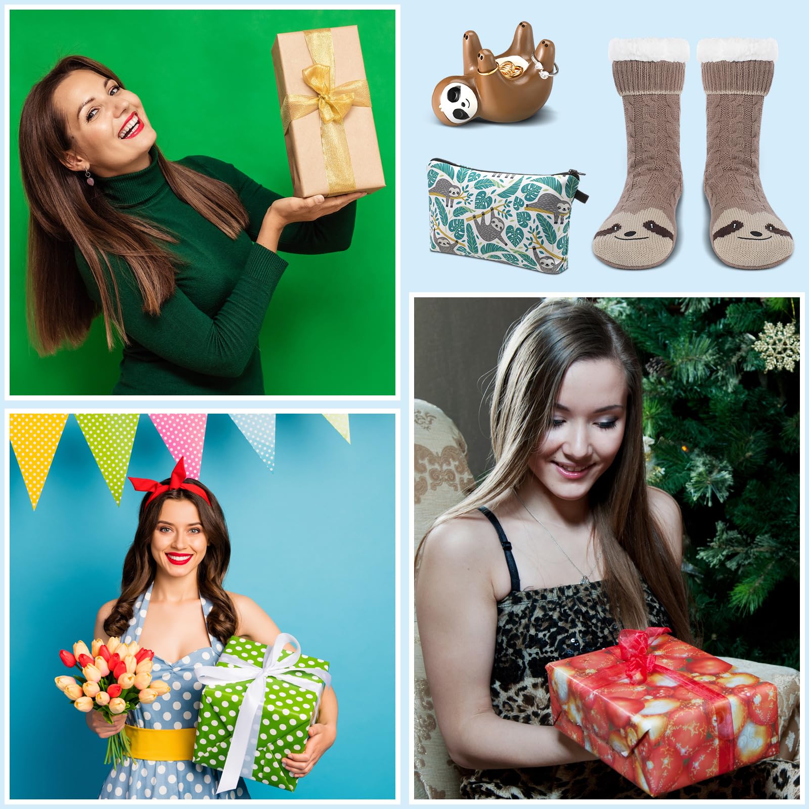 3 Pcs Valentine's Day Sloth Gift Set for Women - Cozy Slippers, Ring Holder & Makeup Bag with Non-Slip Fuzzy Socks | Perfect Birthday Gifts for Mom, Grandma, Teacher & Friends | Ideal for Relaxing at Home, Spa Days & Cozy Nights
