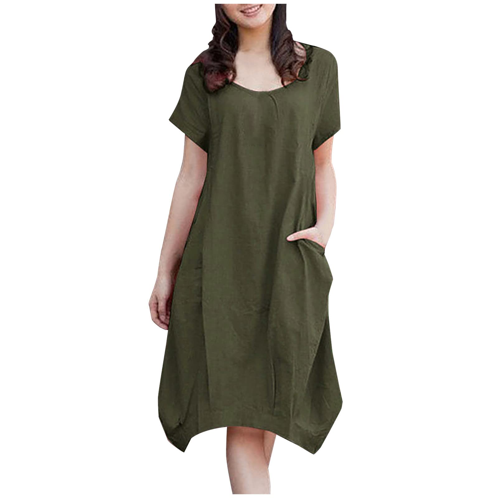 Women's Summer Cotton Linen Dress - Short Sleeve Scoop Neck Loose T-Shirt Style with Pockets | Comfortable Casual Sundress for Beach, Vacation & Everyday Wear