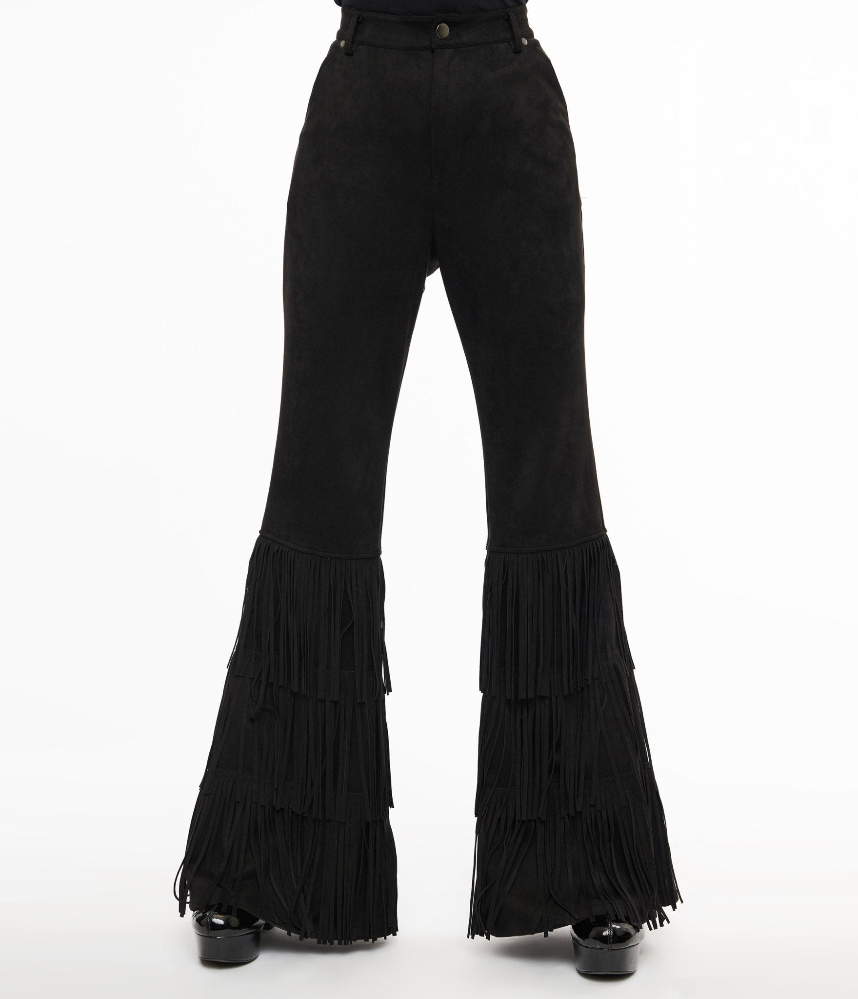 Smak Parlour 1970s Vintage Black Suede High Waist Flare Pants with Tassel Details - Retro Boho Chic Pants for Women, Perfect for Music Festivals & 70s Theme Parties
