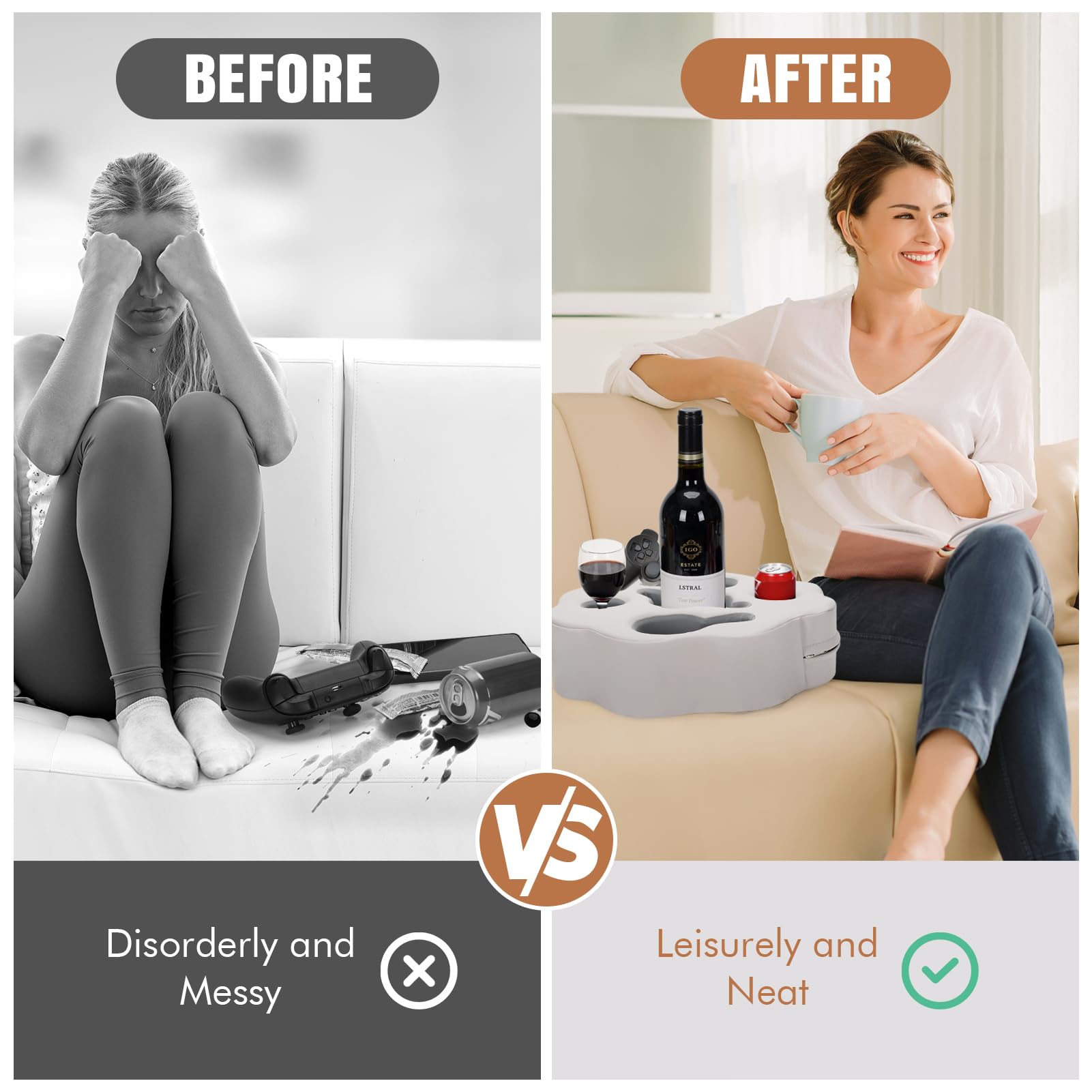 PU Grey Couch Cup Holder Pillow - Sofa Drink Holder for Drinks, Remotes, Phones & Snacks | Multi-Use Caddy for Bed, Car, Picnic, Beach & RV | Perfect for Home, Travel & Outdoor Relaxation