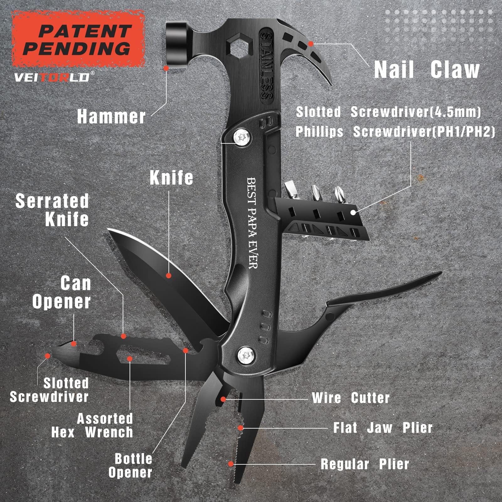 VEITORLD All-in-One Hammer Multitool - Best Birthday Gift for Dad, Grandpa, Father's Day Present from Kids & Grandchildren - Durable Camping Accessories & Outdoor Gadgets (Perfect for DIY Projects, Hiking, and Home Repairs)