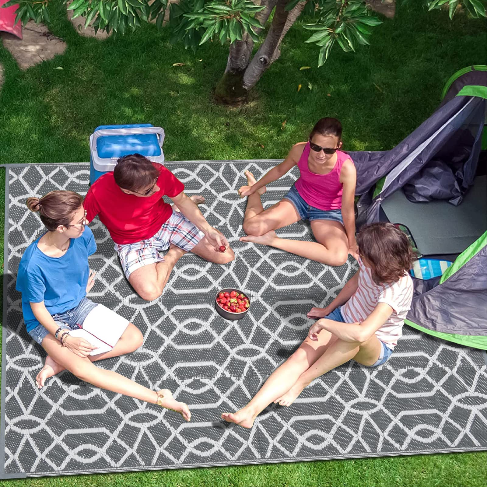 HEBE 5'x8' Waterproof Reversible Outdoor Rug - Geometric Pattern Plastic Patio Mat for Camping, RV, Deck, Balcony, Porch & Tent - Durable All-Weather Floor Covering for Outdoor Living Spaces
