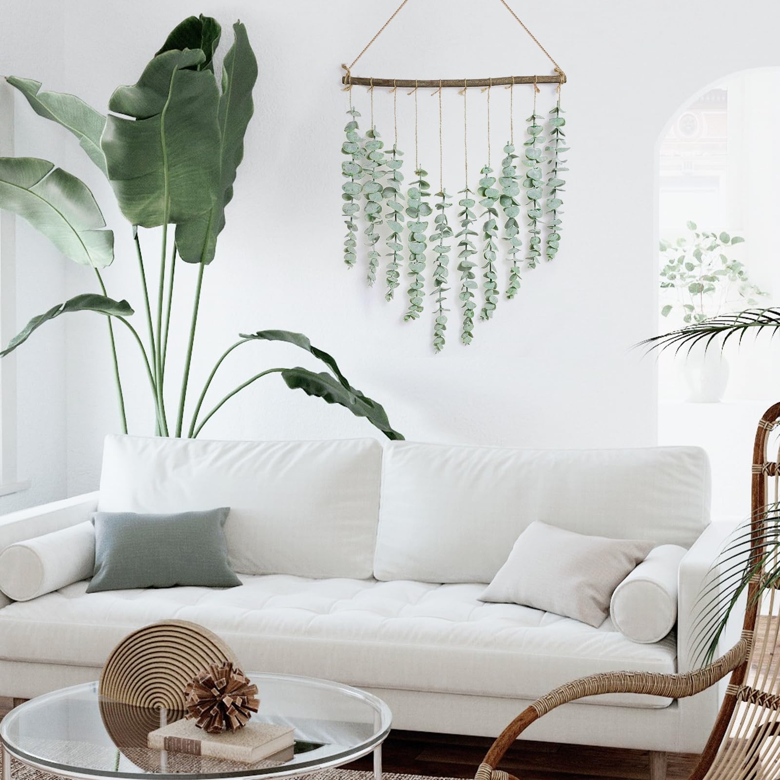 Artificial Eucalyptus Wall Hanging Decor - Fake Eucalyptus Leaves Greenery Vines for Farmhouse Rustic Boho Style - Bathroom Bedroom Living Room Wall Decor - Perfect for Home, Wedding, and Office Decoration