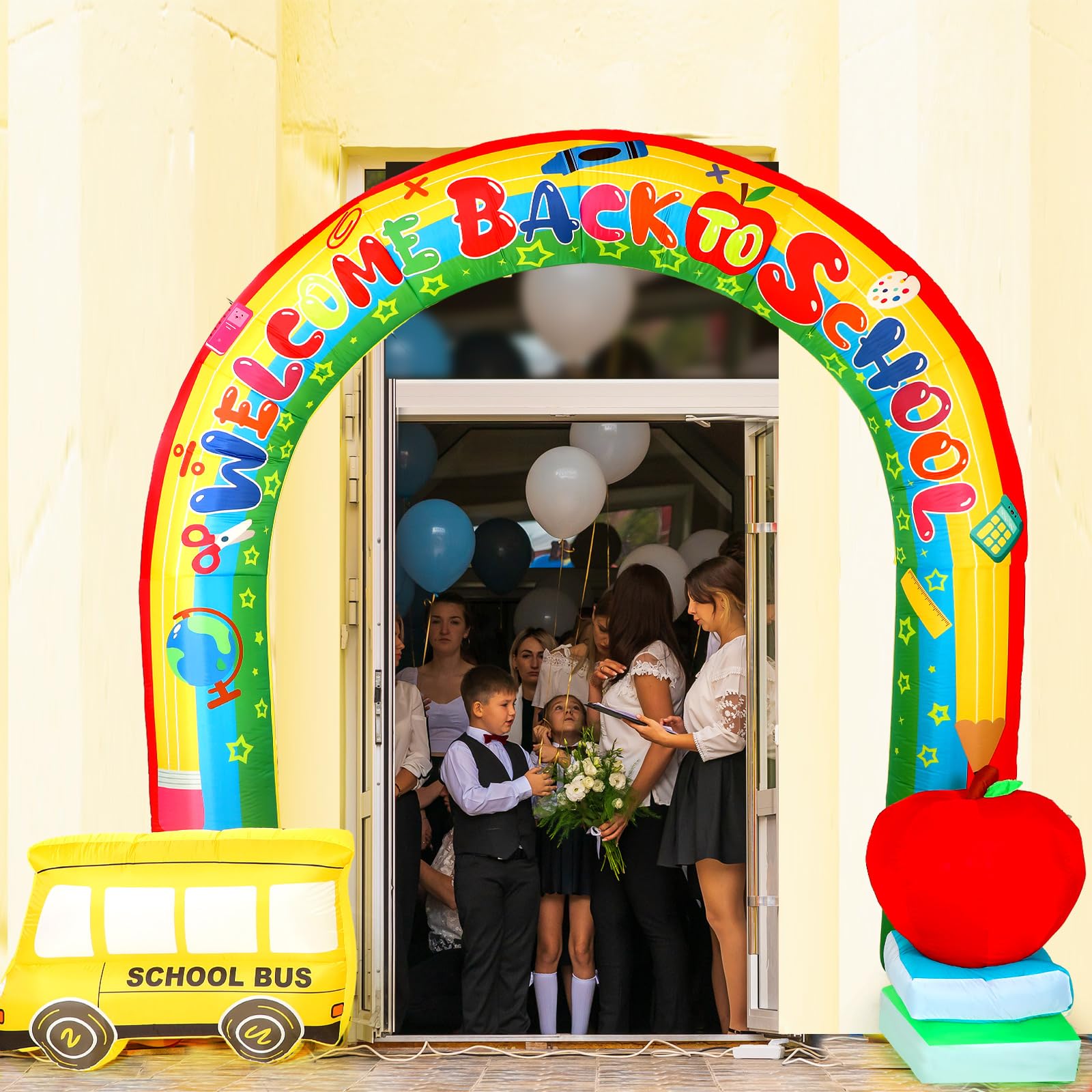 Shappy 9ft Inflatable Welcome Back to School Arch with Built-in LED Lights - Rainbow & School Bus Design for Outdoor Yard Decorations | Perfect for First Day of School Parties, Classroom Celebrations & Backyard Decor