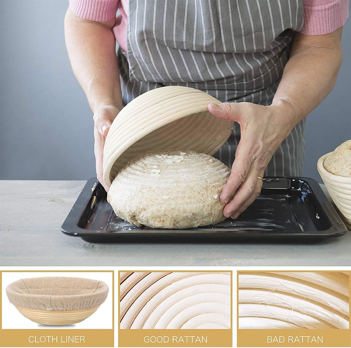 10 Inch Round Bread Proofing Basket - Large Natural Rattan Banneton for Sourdough Baking with Cloth Liner, Dough Scraper & Bread Lame | Perfect for Home Bakers & Professionals | Artisan Bread Making, Homemade Sourdough Starter Kit