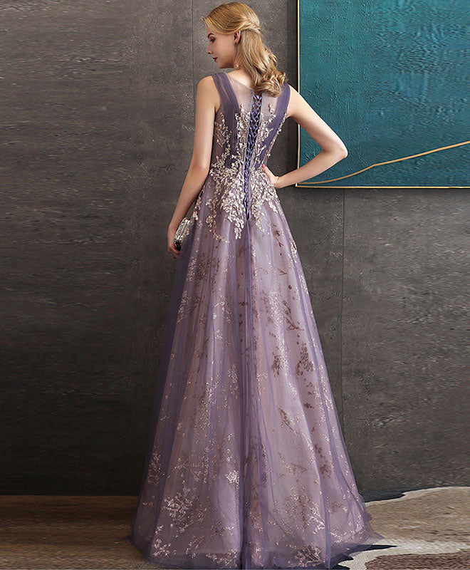 Elegant Purple Tulle Lace Round Neck Long Prom Dress - Formal Evening Gown for Homecoming, Wedding, Ball & Special Occasions