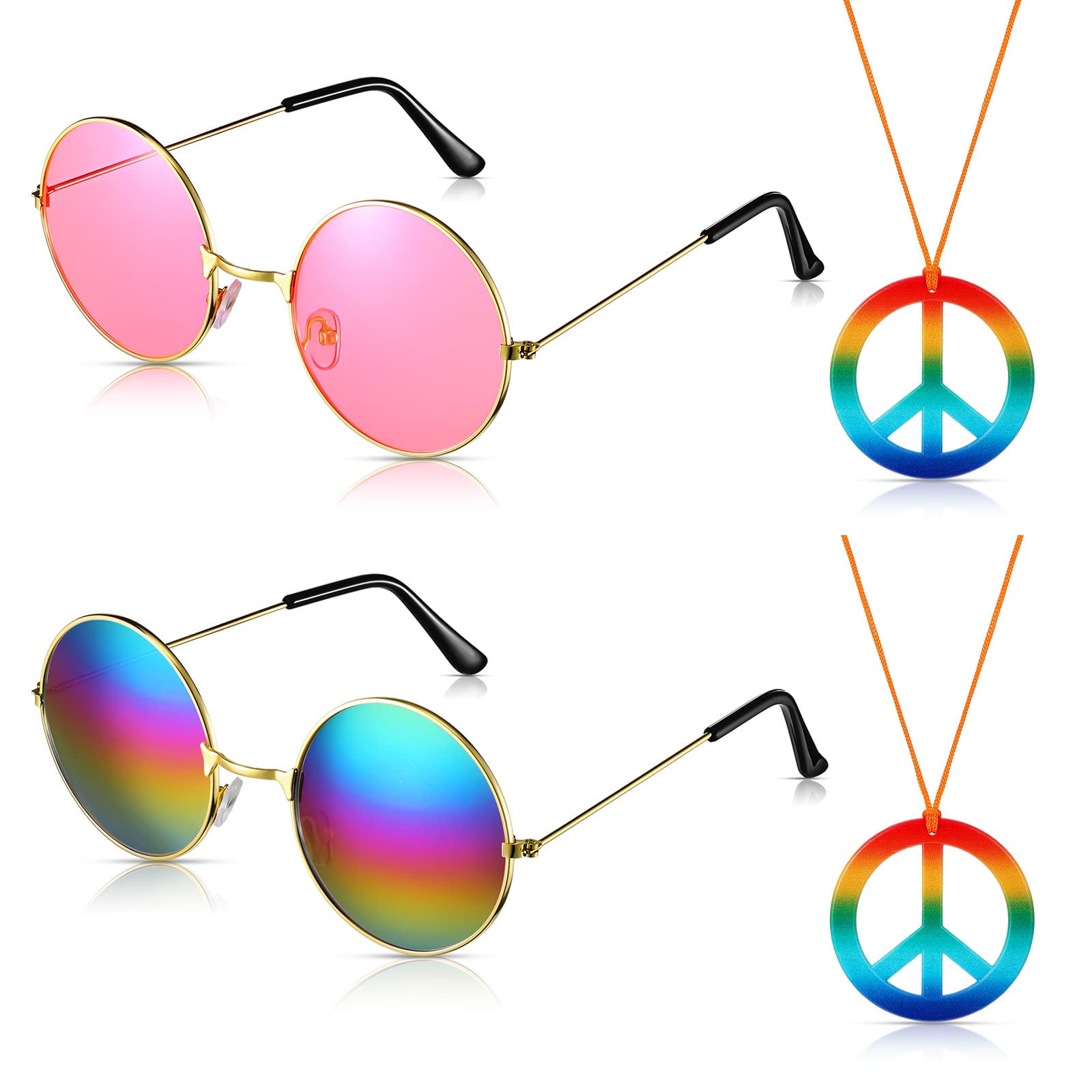 60s Retro Hippie Costume Accessories Set - 4 Piece Hippie Glasses, Peace Sign Pendant Necklace for Men & Women - Perfect for Halloween, Theme Parties, and 60s Inspired Outfits