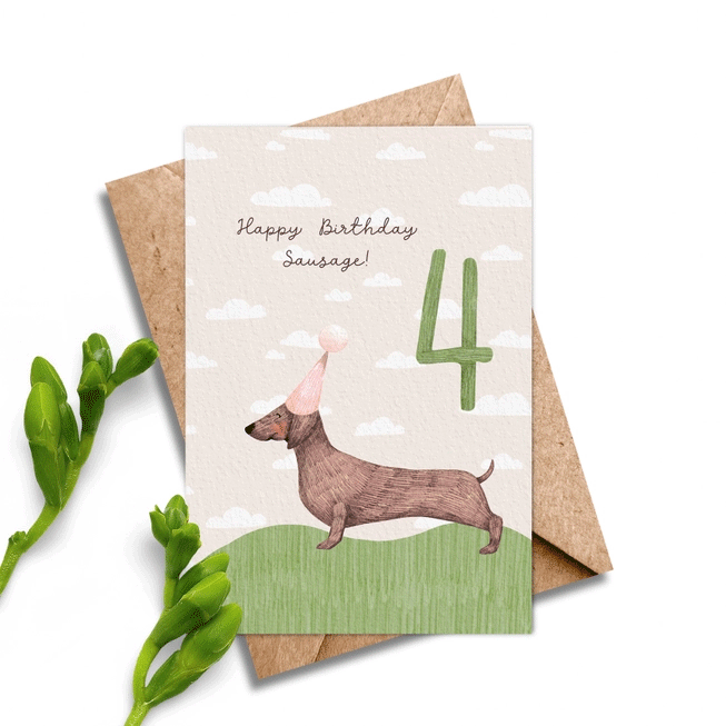 Adorable Sausage Dog Birthday Card for 4 Year Olds | Cute Dachshund Design by Ilana Ewing | Perfect for Kids' Birthday Parties & Animal Lovers