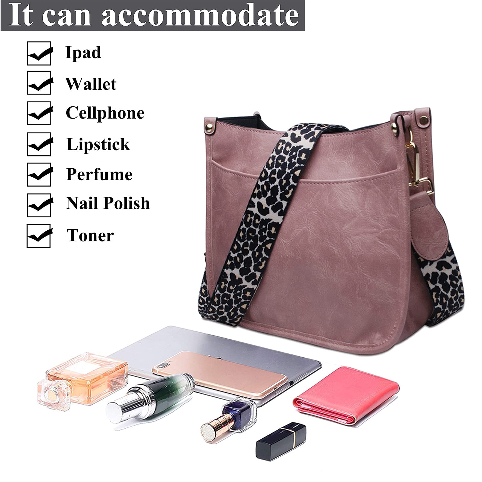 Stylish Vegan Leather Women's Handbag with Adjustable Leopard Guitar Strap - Crossbody Shoulder Bucket Purse for Work, Travel & Everyday Use