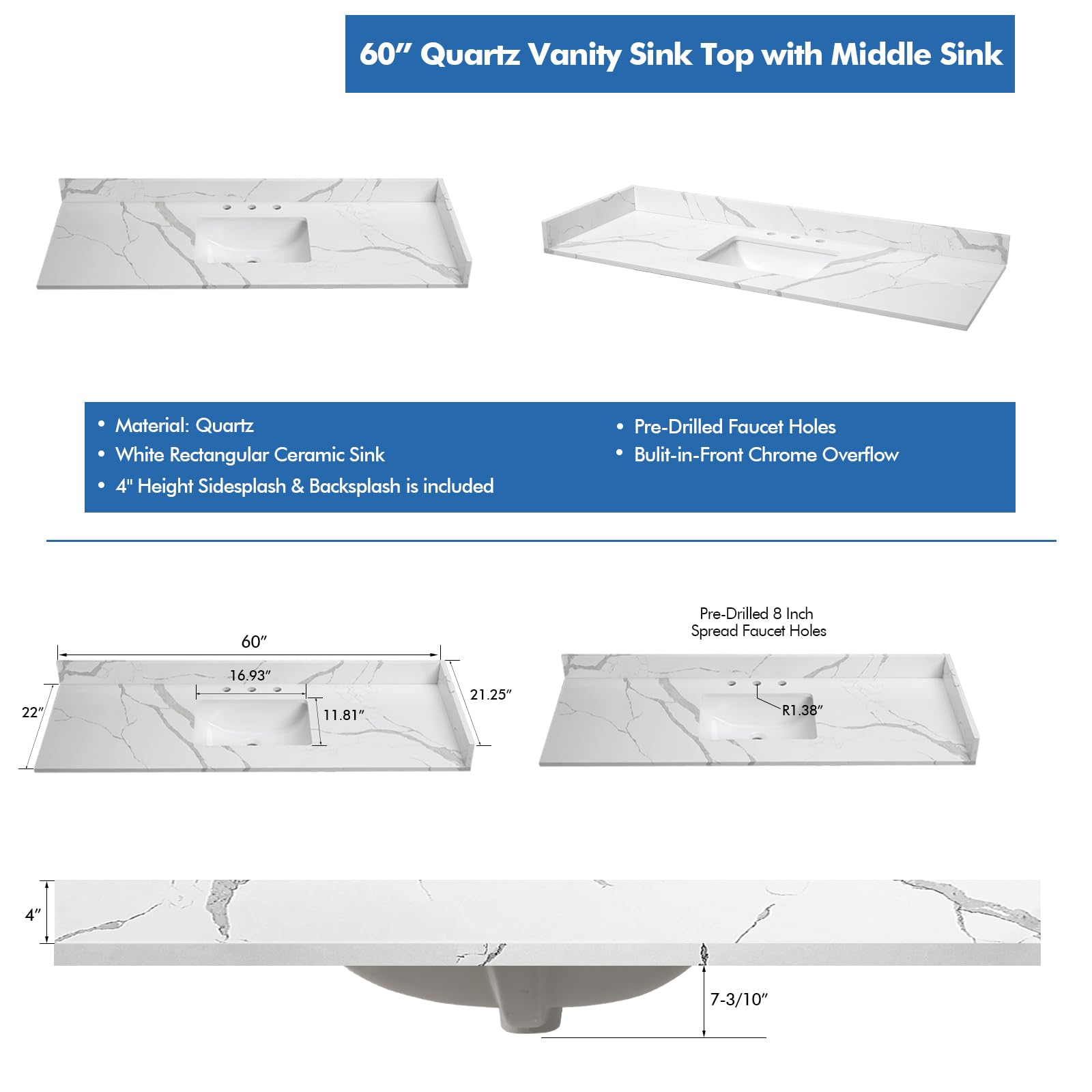Calacatta Quartz Vanity Top with Sink - 60x22 Inch for Bathroom