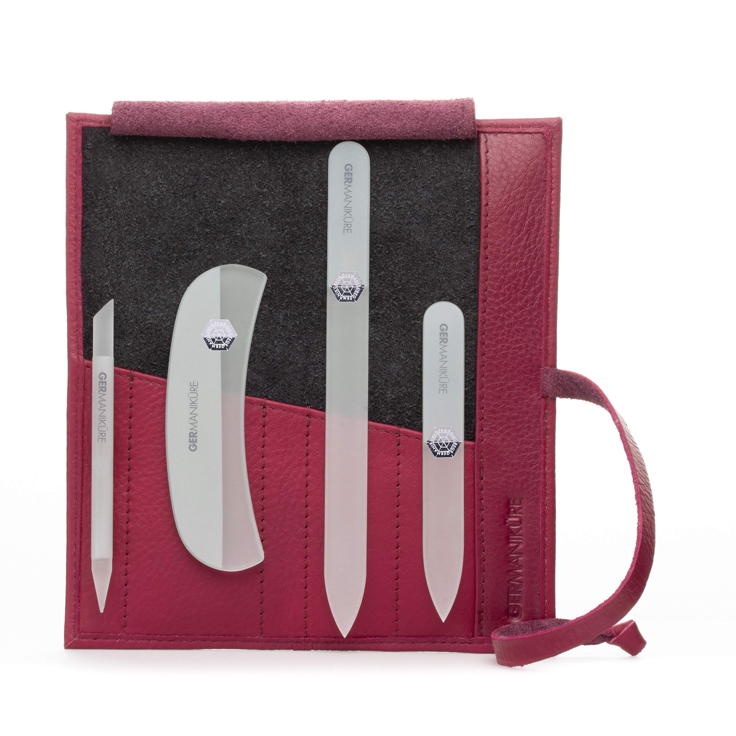 Premium GERMANIKURE Crystal Glass Nail File Set in Magenta Leather Case – Handmade in Czech Republic – Professional Manicure & Pedicure Kit with Glass Cuticle Stick, Pusher & Moon File – Perfect for Salon, Home Nail Care & Travel Gifts
