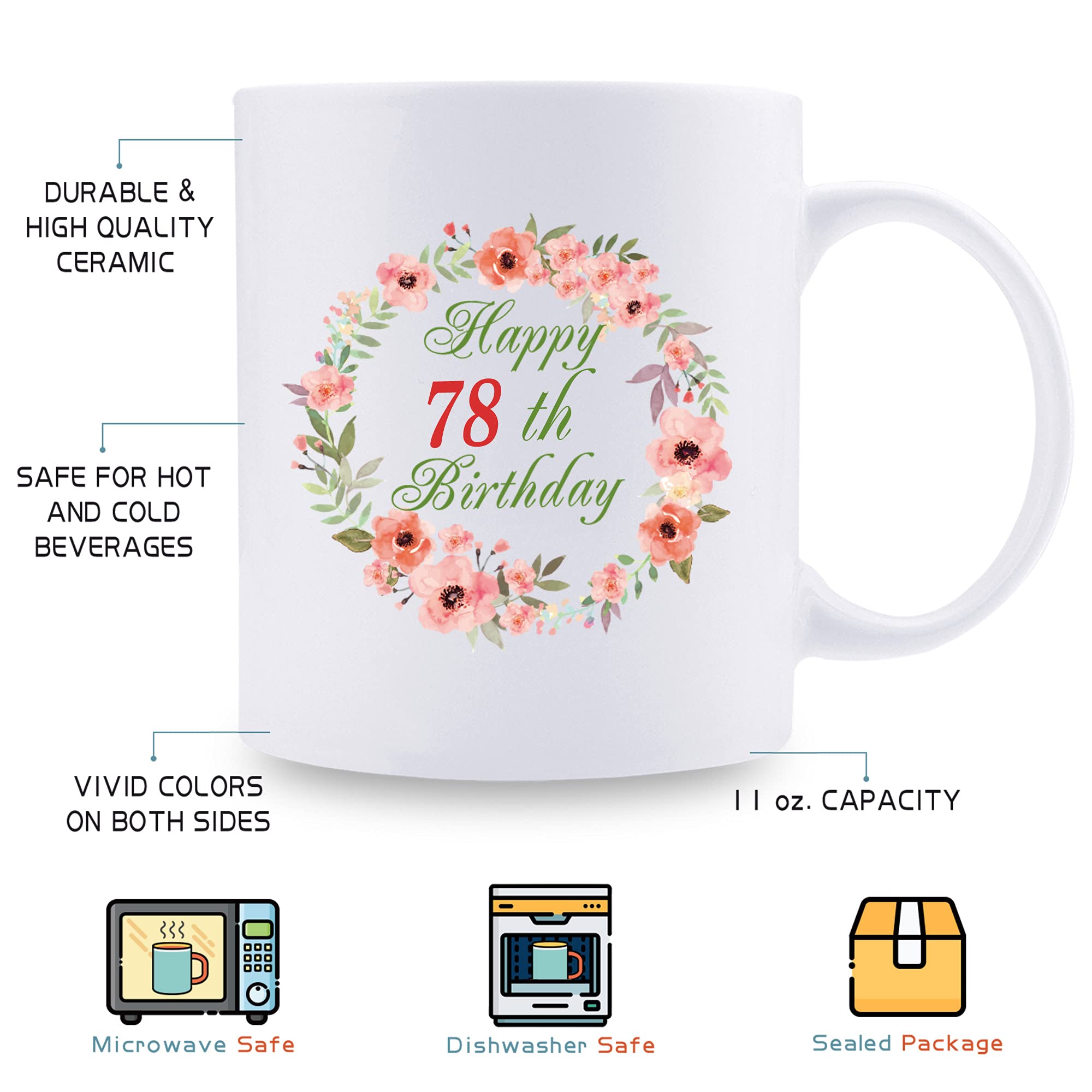 78th Birthday Gifts for Women - 11 oz Birthday Coffee Mug with Garland Design - Perfect Present for Grandma, Mom, Sister, Wife, Friend - Ideal for Celebrations, Tea Time & Special Occasions