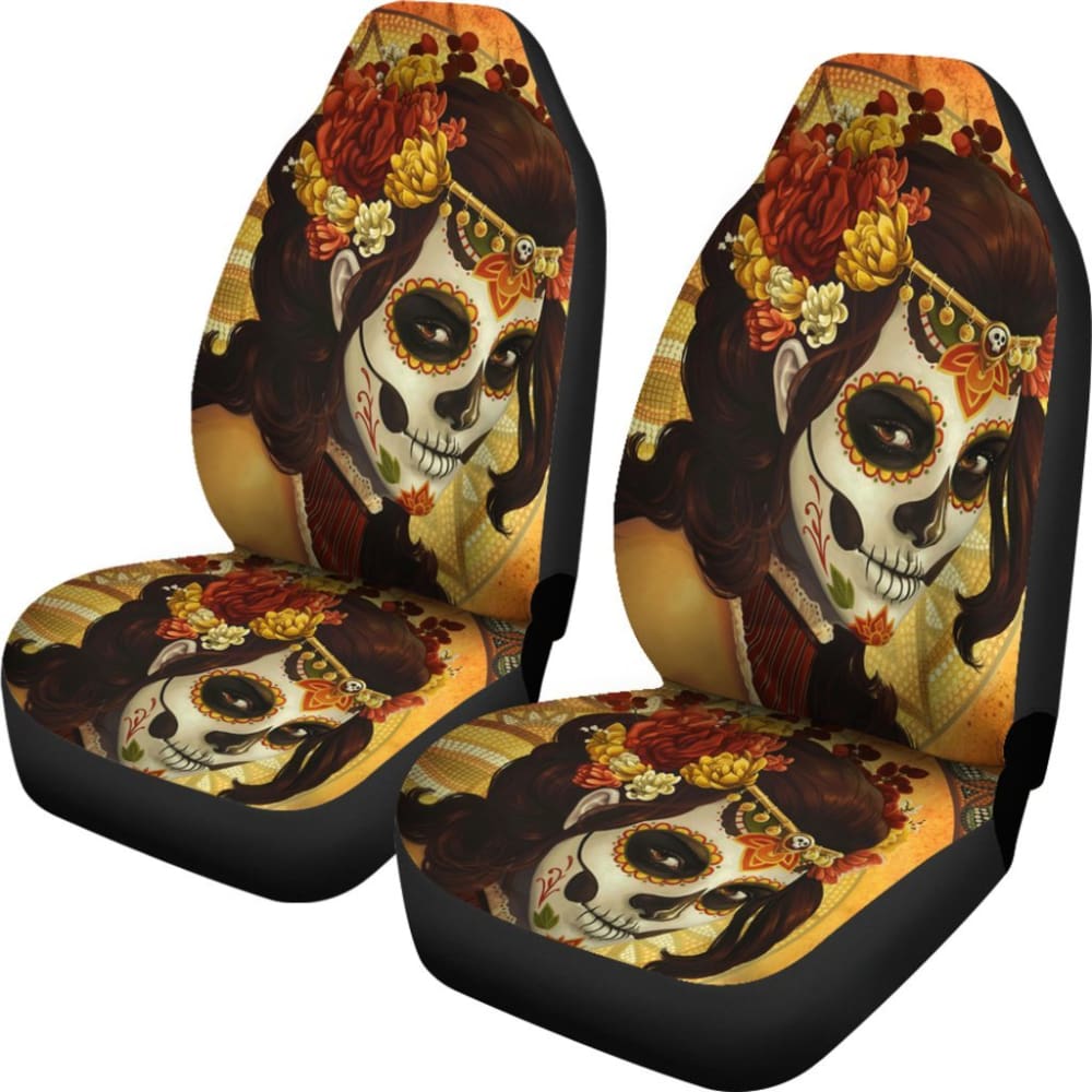2 Pcs Sugar Skull Day of the Dead Car Seat Covers - Mexican Style Floral Print Auto Accessories for Halloween, Dia de los Muertos Decor & Car Interior Protection