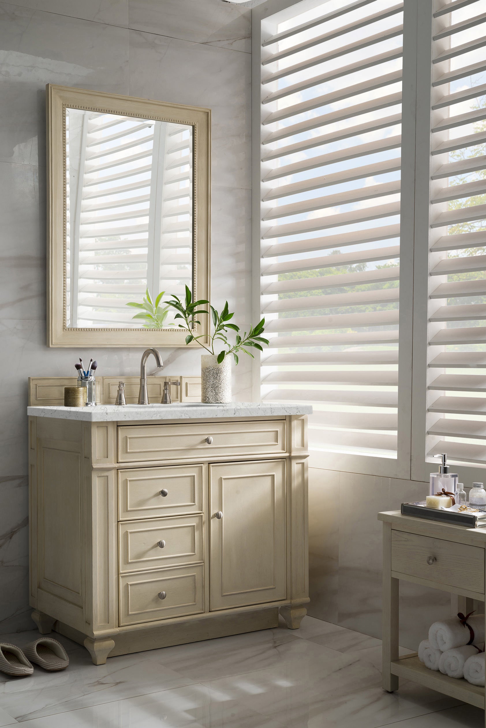 Bristol 36 Inch Single Bathroom Vanity with 3CM Eternal Jasmine Pearl Quartz Top in Vintage Vanilla - Perfect for Modern Farmhouse, Coastal, or Traditional Bathroom Decor
