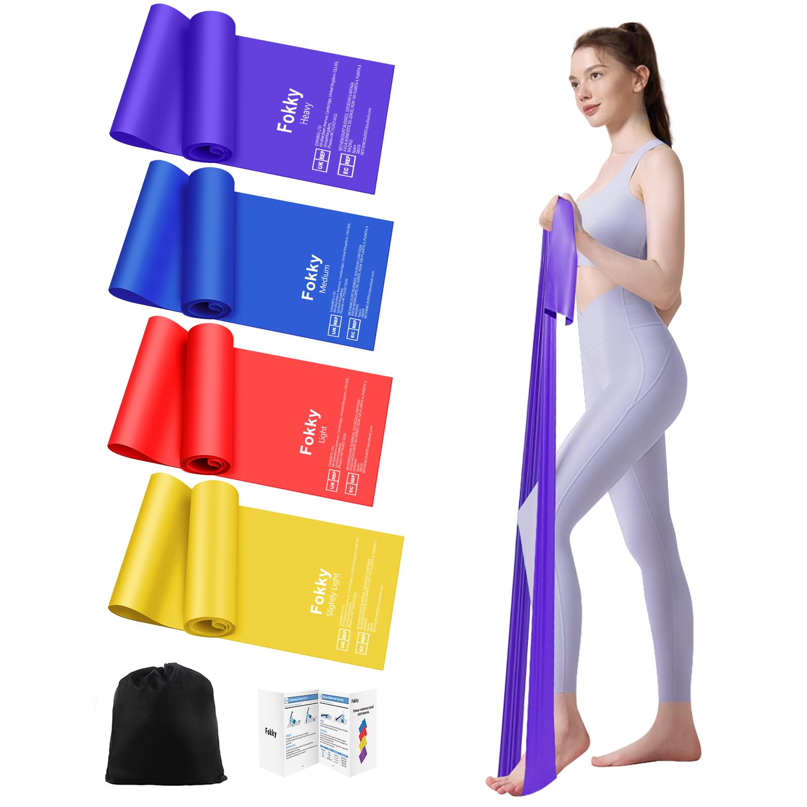 Fokky Resistance Bands Set of 4 - 1.5M/1.8M Exercise Bands with 4 Resistance Levels for Strength Training, Pilates, Yoga & Crossfit - Includes Carry Bag for Gym & Home Workouts