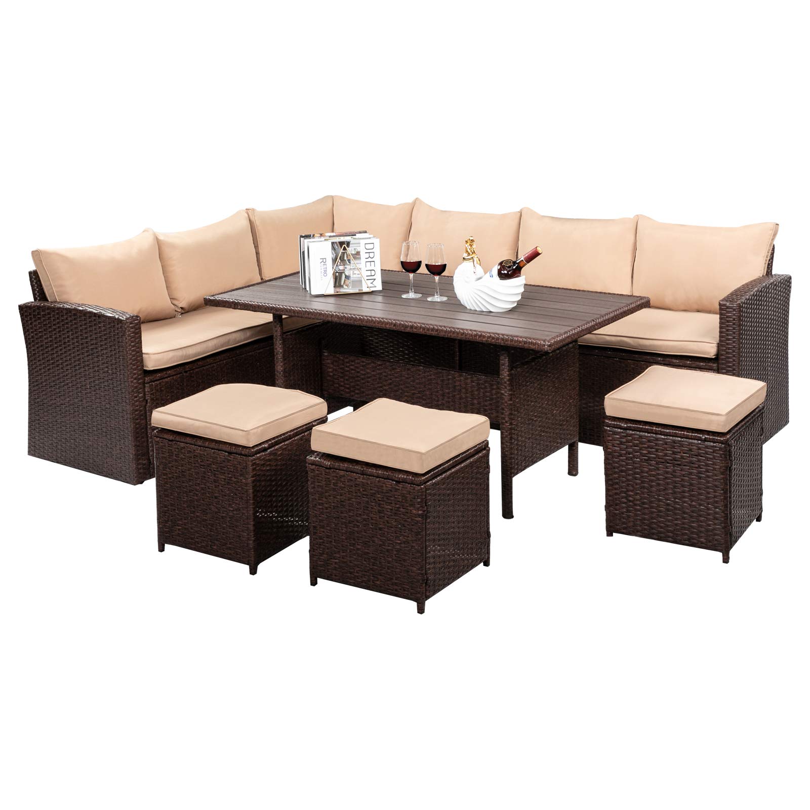 VINGLI 8-Piece Patio Furniture Set - All-Weather Wicker Outdoor Sectional Sofa with Ottoman & Dining Table - Perfect for Backyard, Garden, Poolside & Outdoor Entertaining