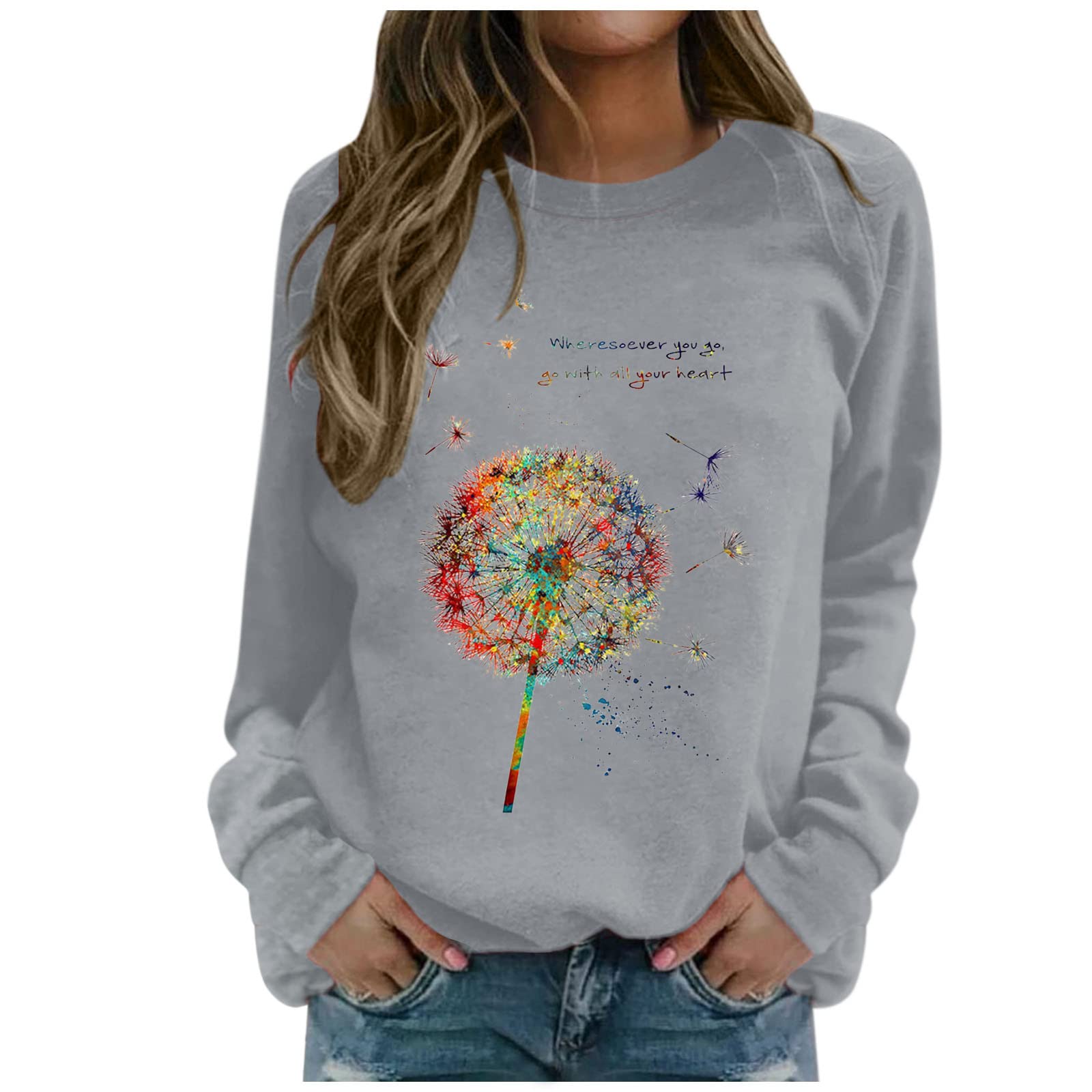 Huarll Women's Fashion Crewneck Sweatshirt - Long Sleeve Hooded Blouse with Dandelion Print | Casual Wear for Daily Outfits, Street Style & Loungewear