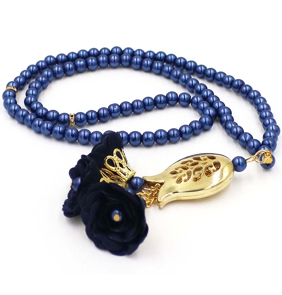 Premium Islamic Tesbih - 99 Count Acrylic Pearl Prayer Beads with Elegant Rose & Tulip Tassel in Midnight Blue - Perfect for Daily Dhikr, Meditation & Spiritual Gifts
