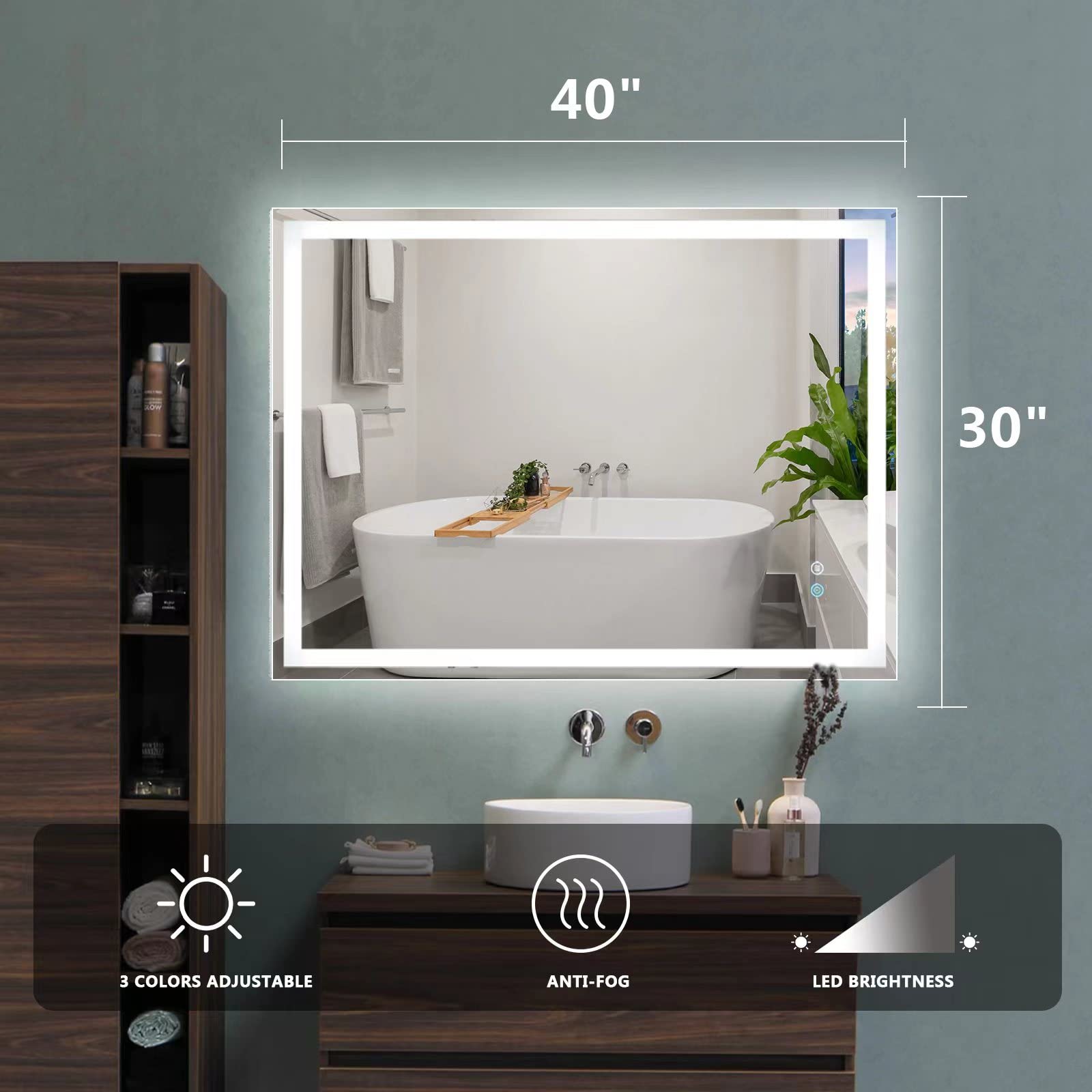 40x30 Inch LED Bathroom Mirror with Anti-Fog & Adjustable Lighting (3000K/4500K/6000K) - Modern Wall Mounted Makeup Mirror with Front & Backlit for Vanity, Dressing Room & Bathroom Decor