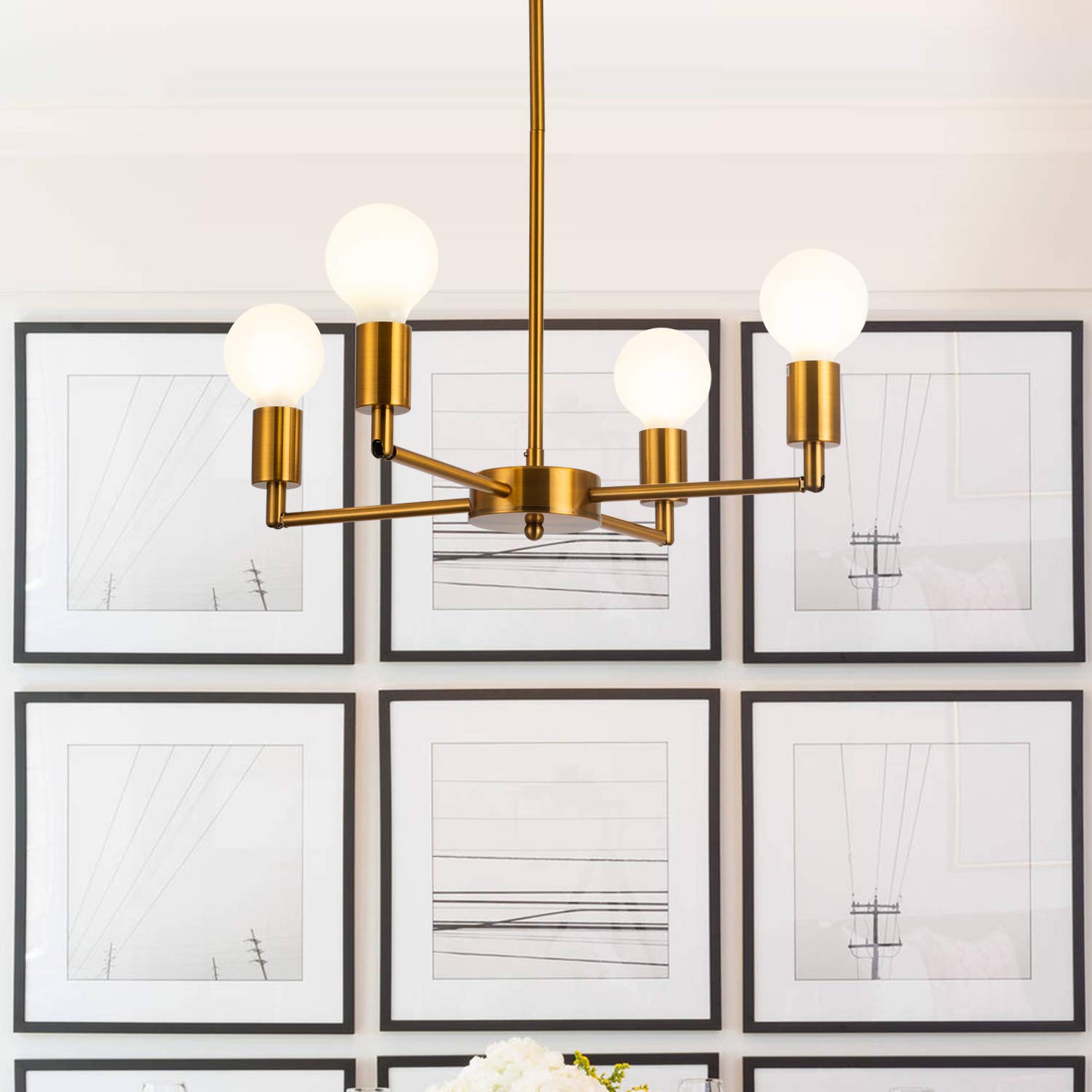 4-Light Sputnik Chandelier Modern Gold Bronze Pendant Light - Mid Century Semi-Flush Mount Ceiling Fixture - UL Listed for Dining Room, Bedroom & Kitchen Island Lighting - Contemporary Home Decor by SHANSRUI
