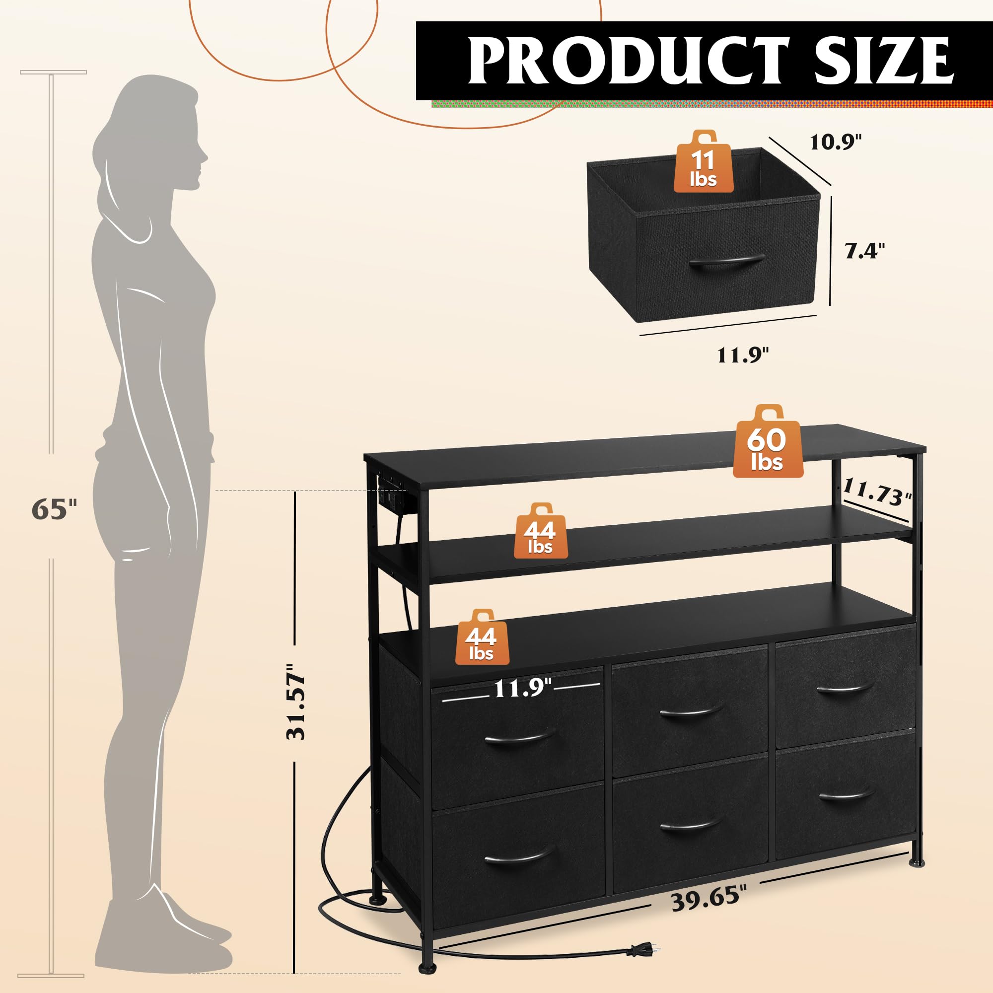 WLIVE 6-Drawer LED Dresser with Charging Station & Open Shelves - Modern Fabric Storage Dresser for Bedroom, Living Room & Closet Organization | Nightstand Alternative with USB Ports for Phone Charging & Bedroom Decor