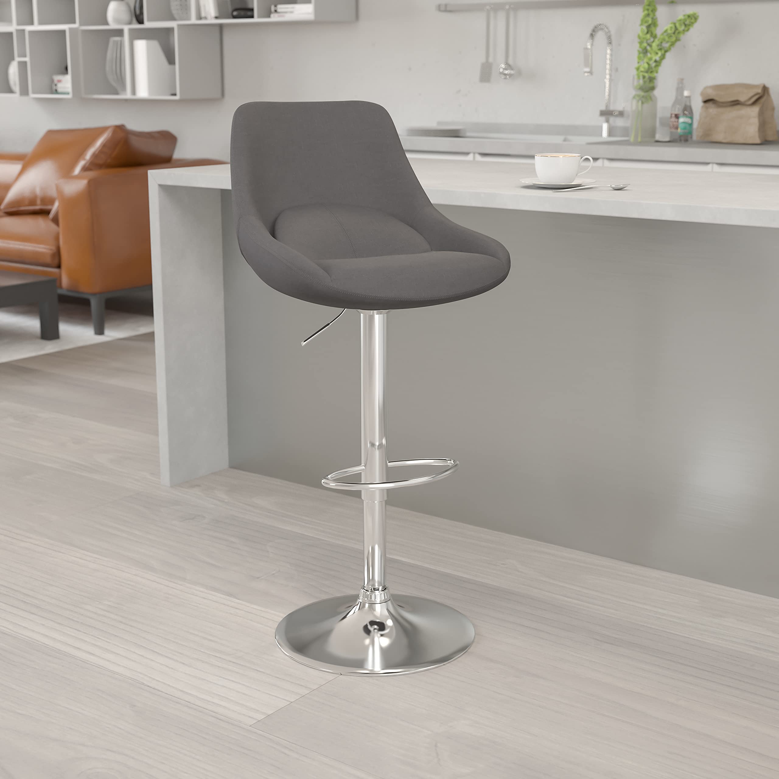 EMMA + OLIVER Dark Gray Fabric Adjustable Height Gas Lift Swivel Bar Stool - Modern Kitchen Island & Dining Counter Stool for Home, Restaurant, and Cafe Use