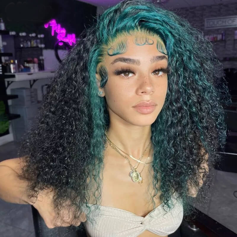 Eullair Curly Human Hair Wig with Green Highlights - Transparent Lace Frontal Wig for Black Women | Natural Look for Parties, Cosplay & Daily Wear