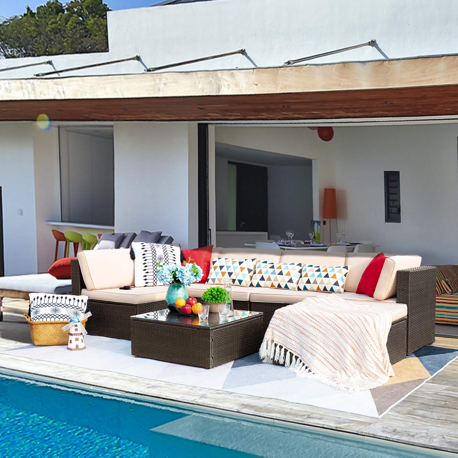 Devoko 7-Piece All-Weather Outdoor Patio Furniture Set - Wicker Rattan Sectional Sofa with Cushions & Glass Coffee Table, Beige - Perfect for Backyard, Garden, Poolside & Patio Relaxation