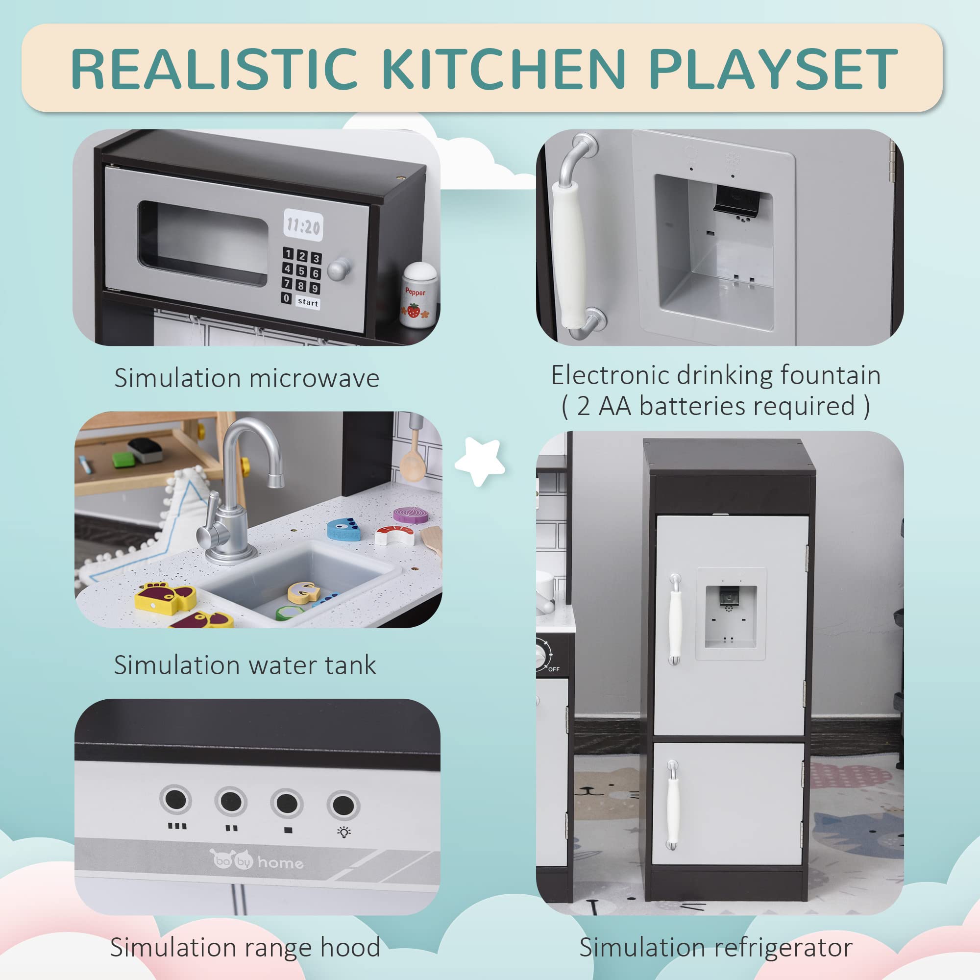 Qaba Corner Kids Wooden Kitchen Playset with Drinking Fountain, Microwave, Fridge & Accessories - Pretend Play Kitchen Toy for Ages 3+ - Perfect for Home, Preschool & Daycare Playrooms