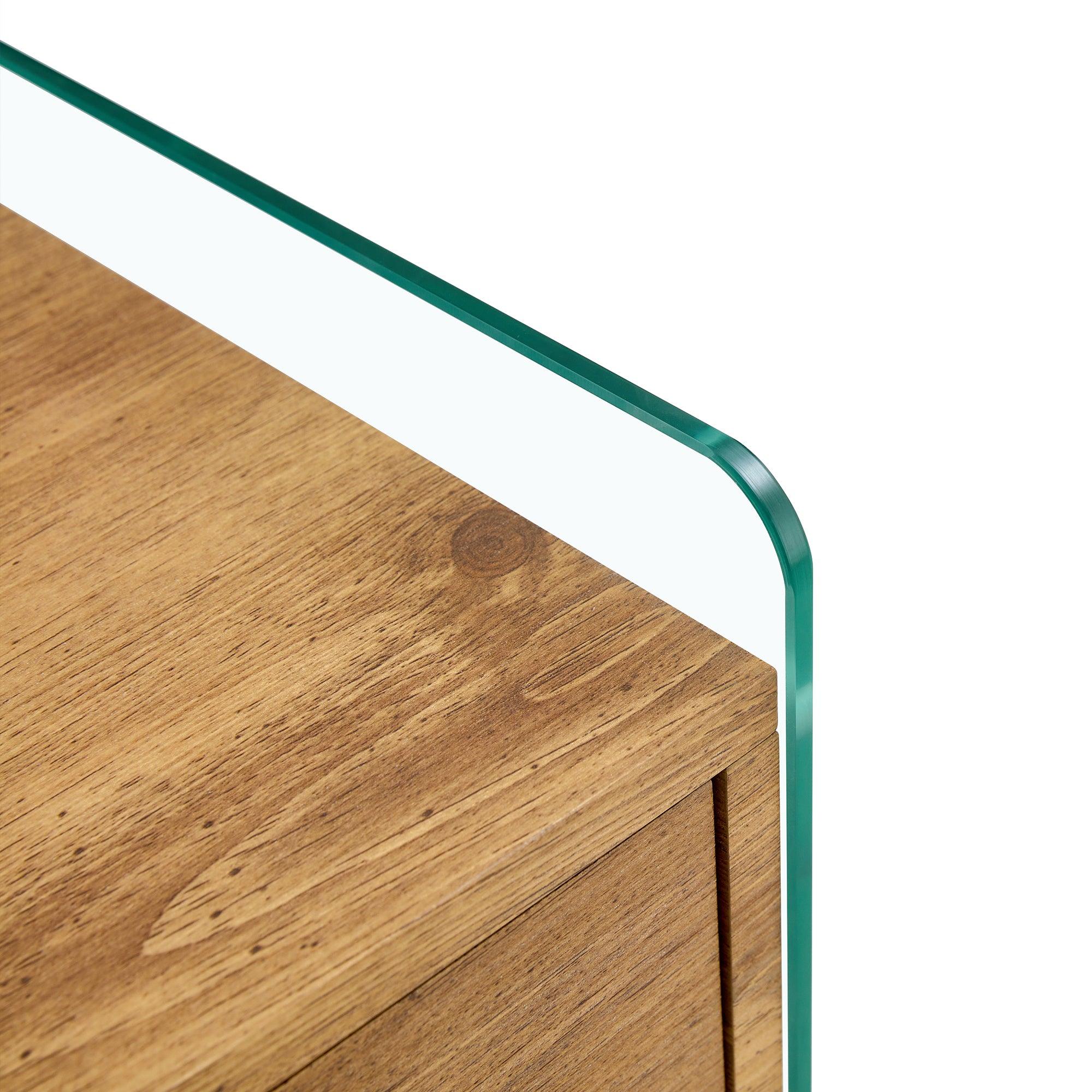 Modern Double Drawer Bedside Table with MDF Sticker Surface & Tempered Glass Sides - Elegant Design & Spacious Storage for Bedroom, Living Room, or Office