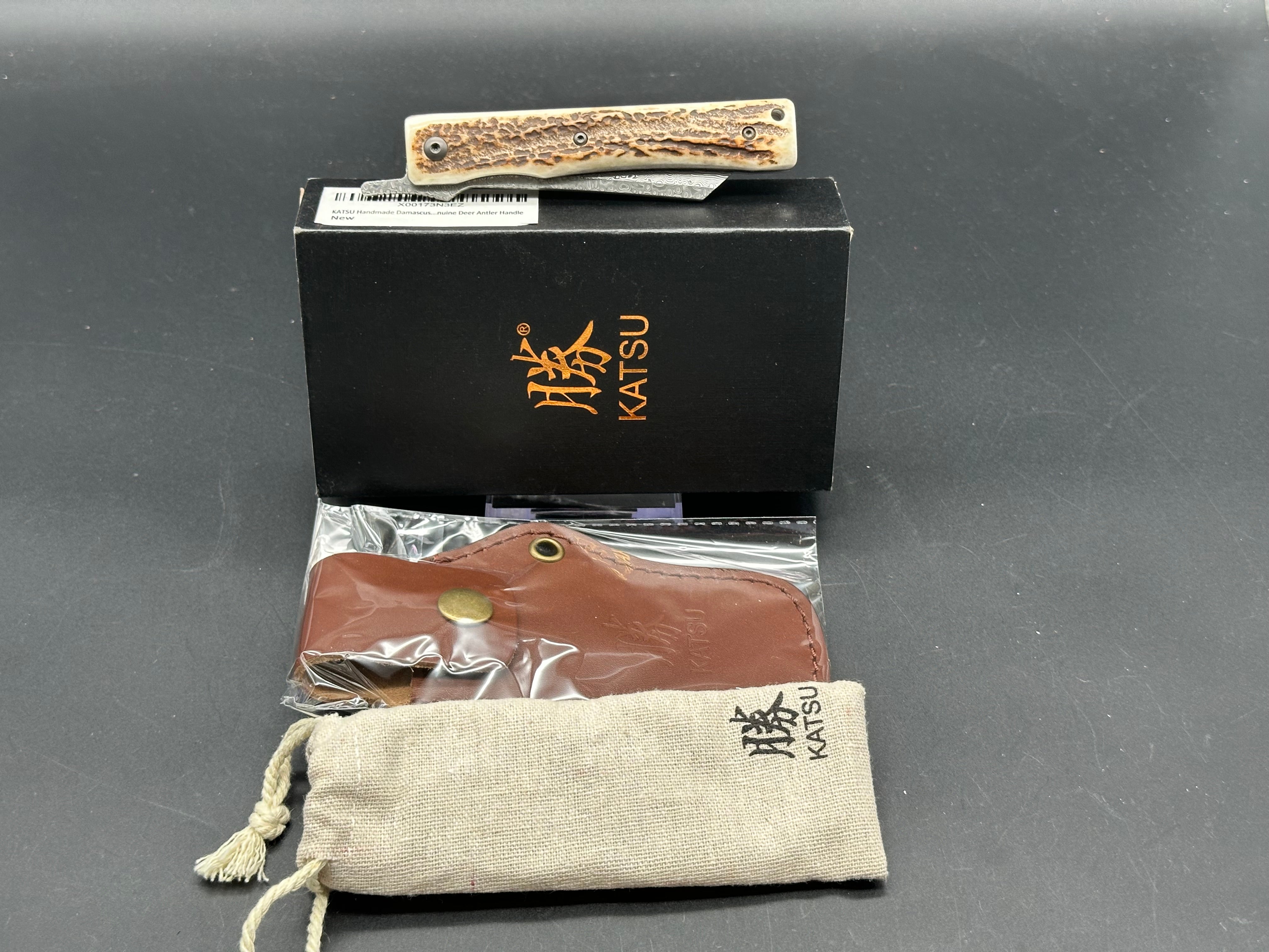 KATSU JDA01 Genuine Deer Antler Handle Hunting Knife with Damascus Steel Blade & Leather Sheath - Perfect for Outdoor Camping, Bushcraft, and Survival Activities