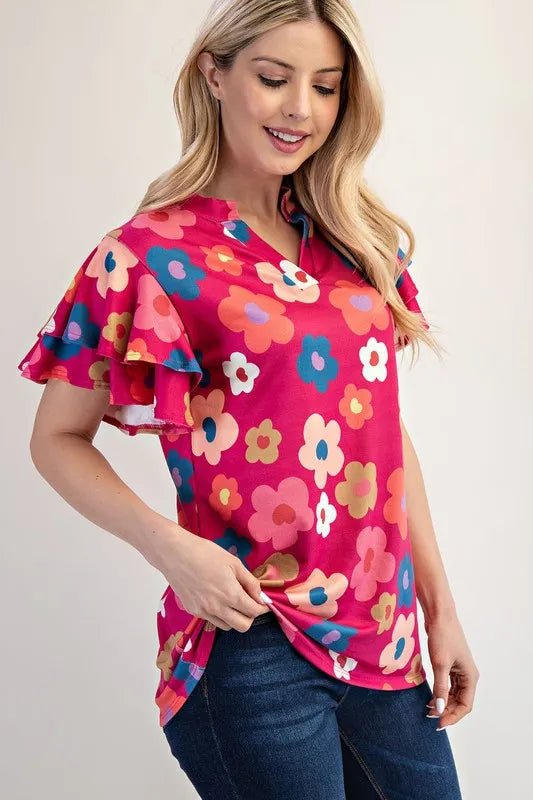 Celeste Bold Floral Print Ruffle Sleeve Blouse - Women's Casual Chic Tops for Spring Summer Outfits, Date Night & Office Wear